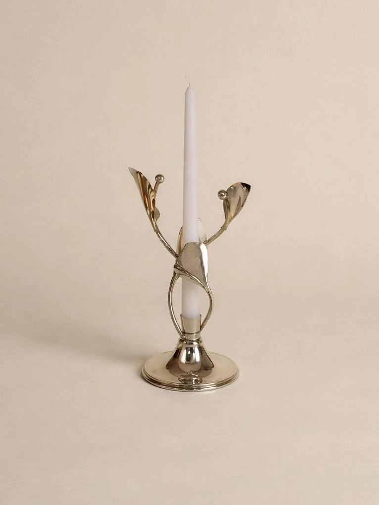 1980s French Vintage Chrome Floral Candlestick — side angle