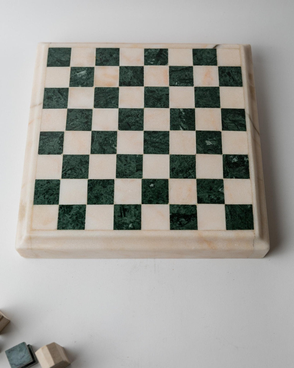 Vintage 1970s Marble Chess Set, Green and Beige Stone Chess Board, Heavy Design, Geometric Chess Pieces, Sculptural Table Game,  Gift Idea — view 14
