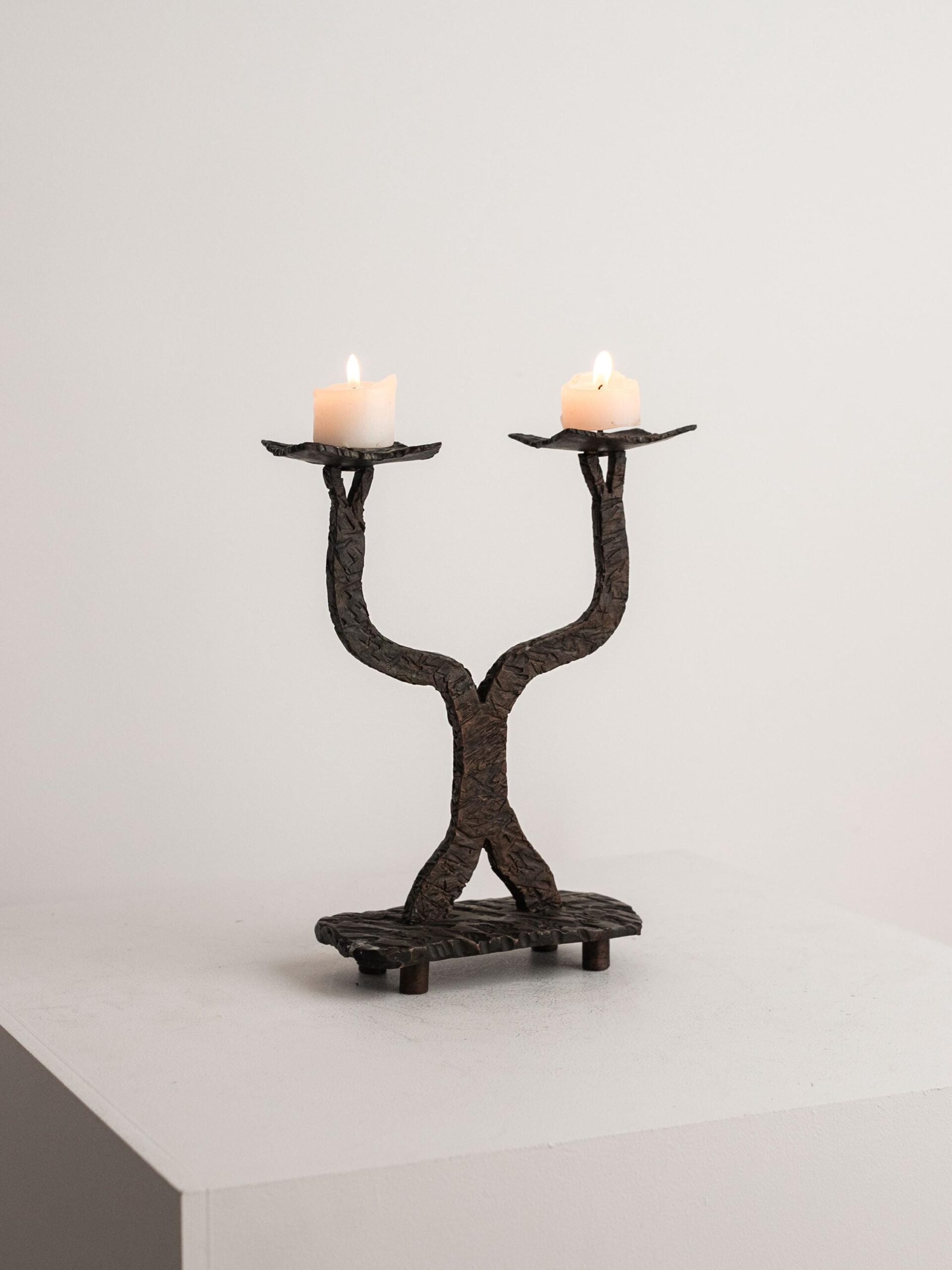 Heavy Cast Bronze Candelabra, Two-Light Pricket Holder, Brutalist Organic Metalwork (c. 1960s) by Studio Ecubed