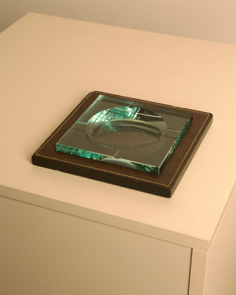 Square Italian Ashtray in Leather and Wood by Fontana Arte, 1960s | The Oblist — vintage leather and glass design
