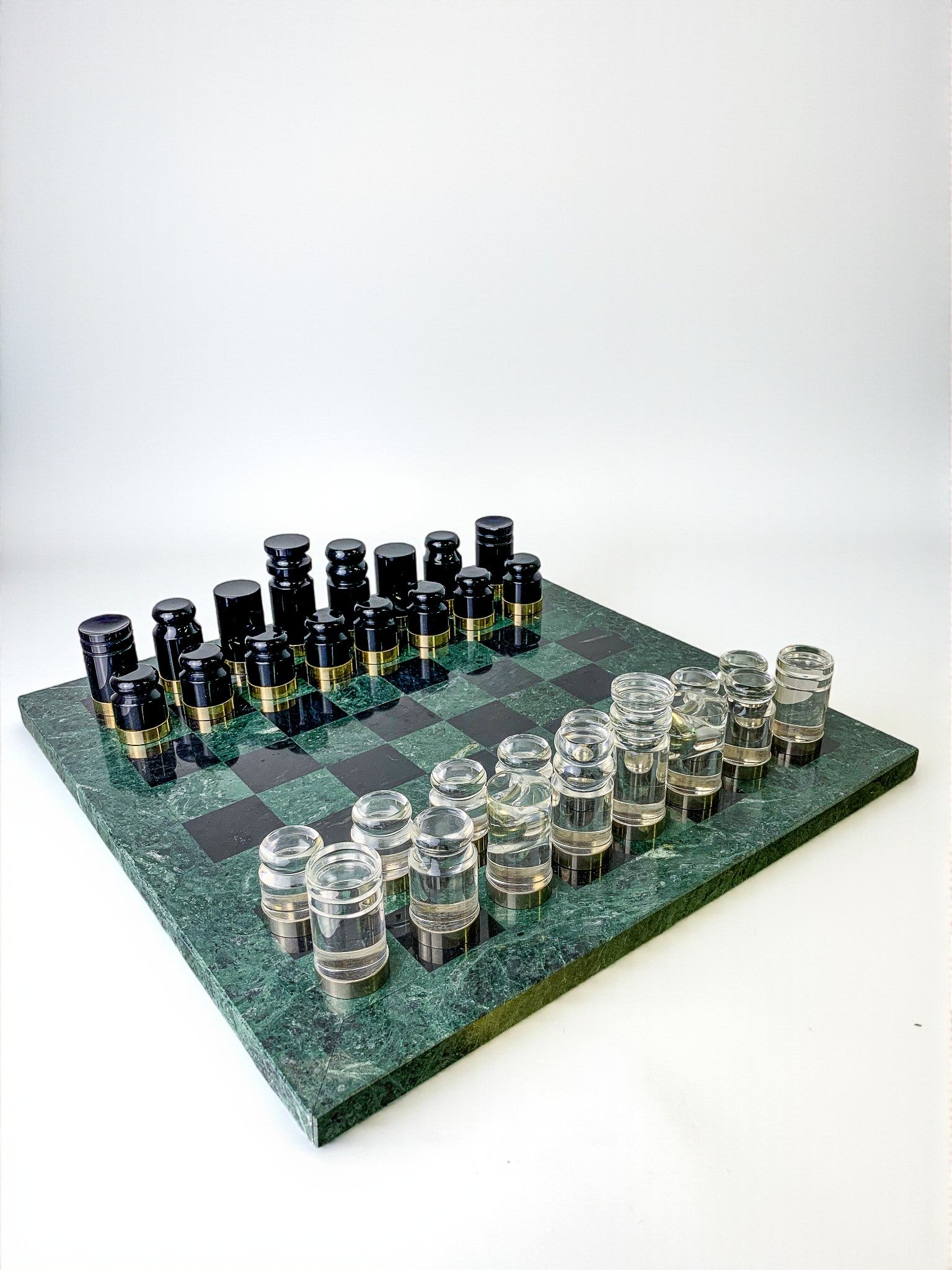 Acrylic & Gilt Brass Chess Set with Marble Board, Italy, 1970s by Malamar Studio | The Oblist