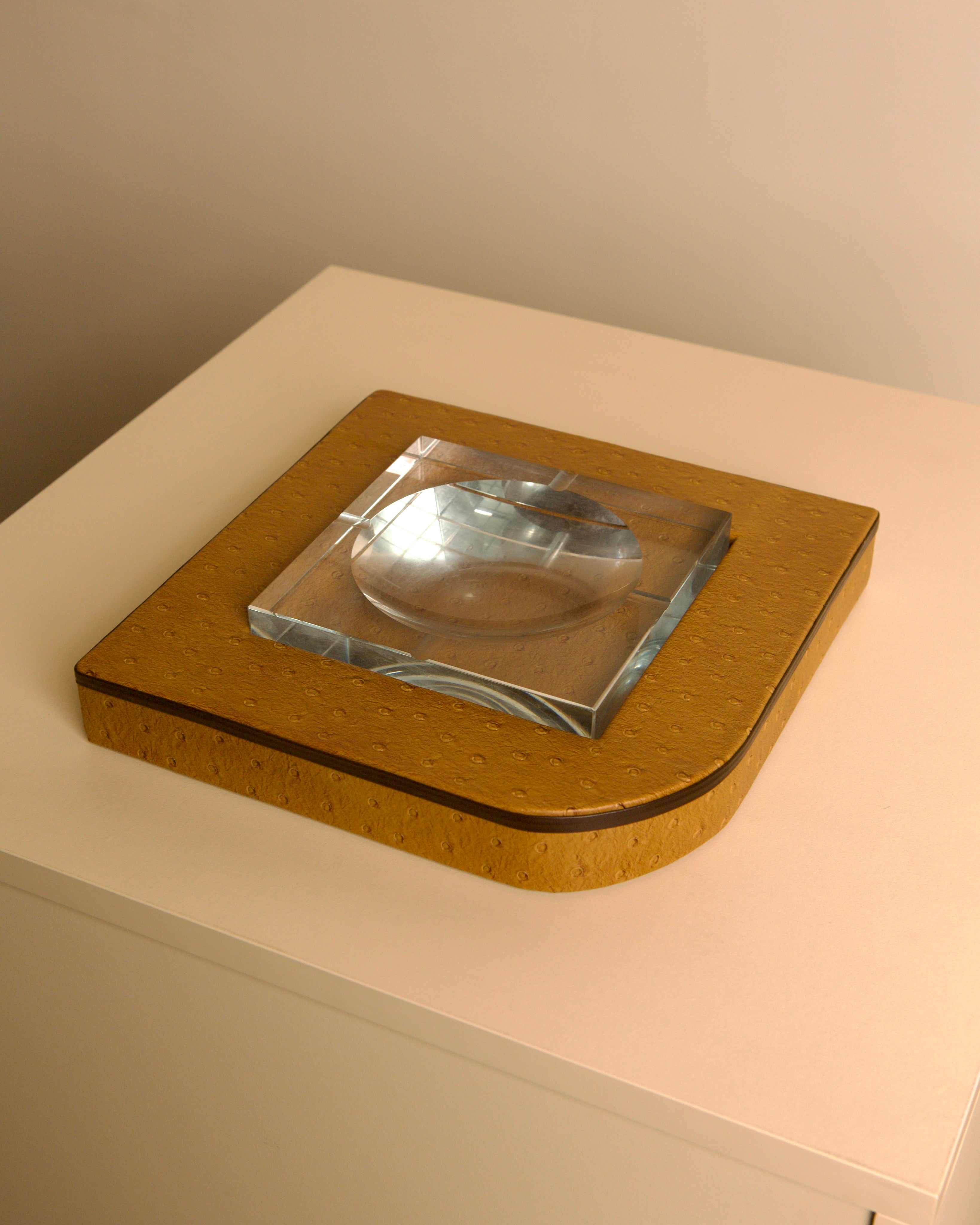 Glass and Faux Ostrich Leather Ashtray, Italy, 1980s — side angle