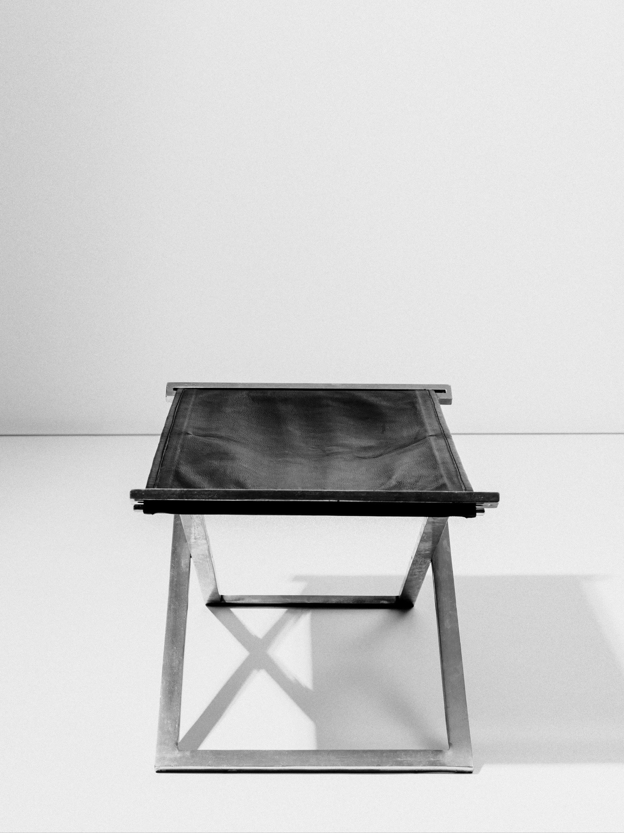 Rough #1 Folding Stool, Steel and Leather, Danish Modernist, Late 20th Century — side angle