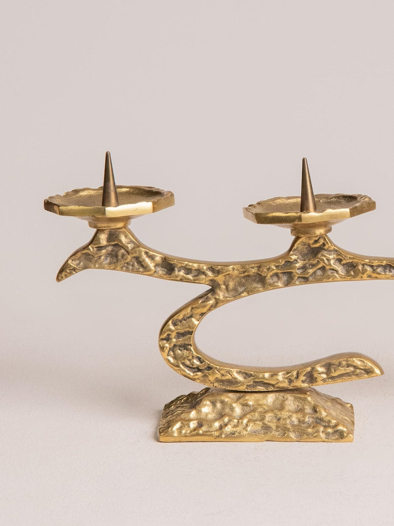 Vintage Brutalist Brass Antique Candelabra — detail view