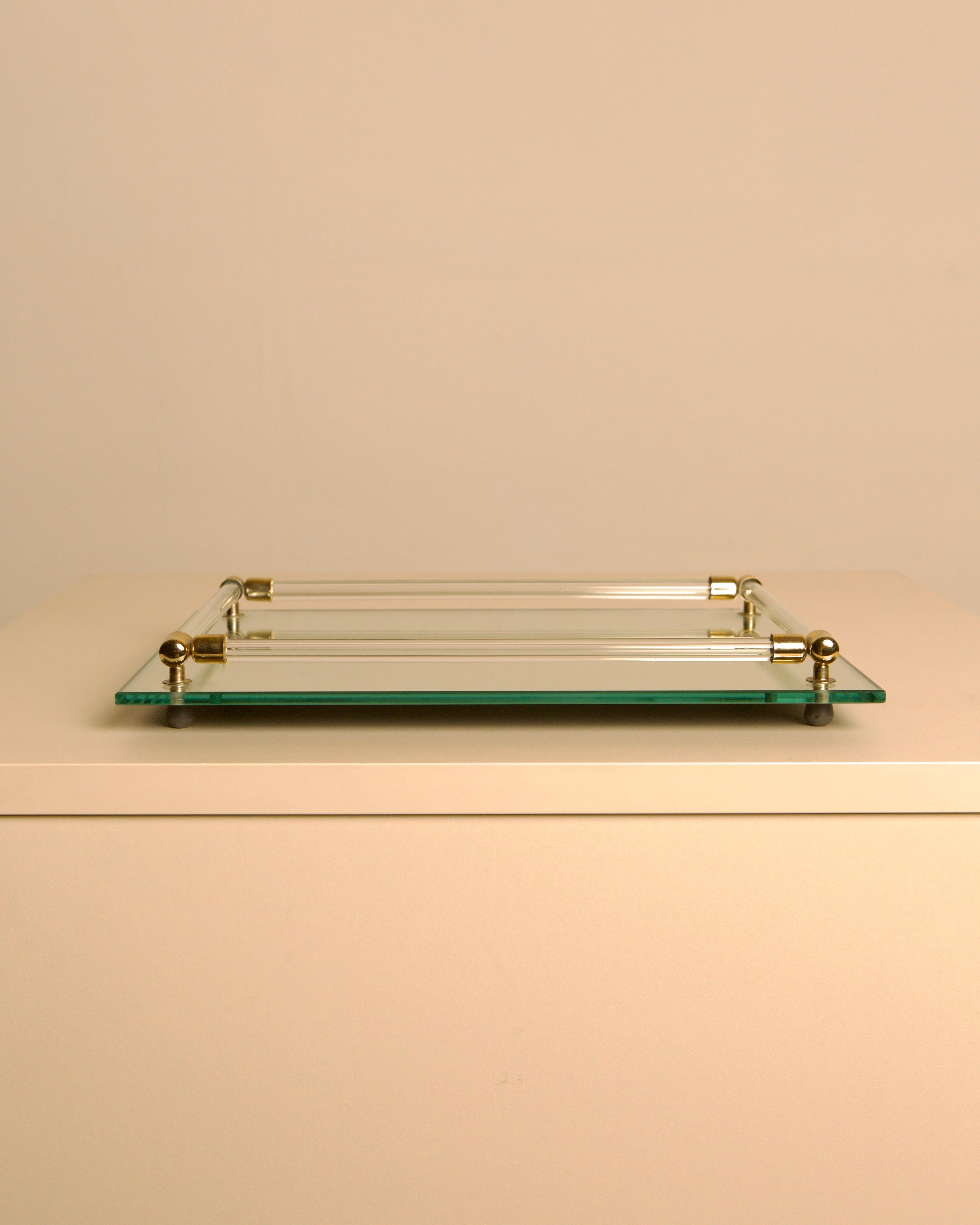 Italian mirror glass, lucite & brass tray, 1970s — lifestyle setting
