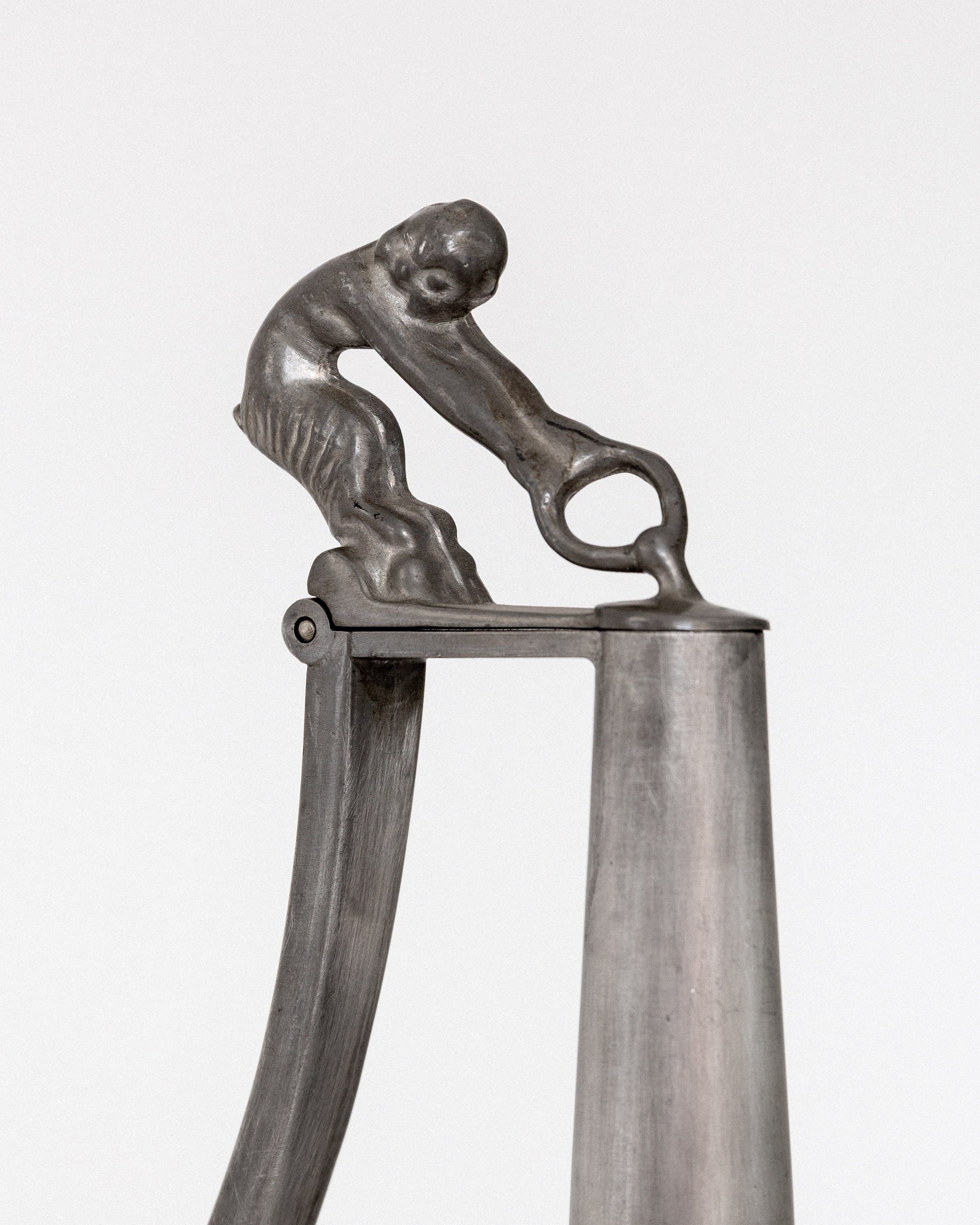 Sculptural Art Deco Pewter Pitcher by GAB, Sweden, 1930s — close-up of handle with detailed figure