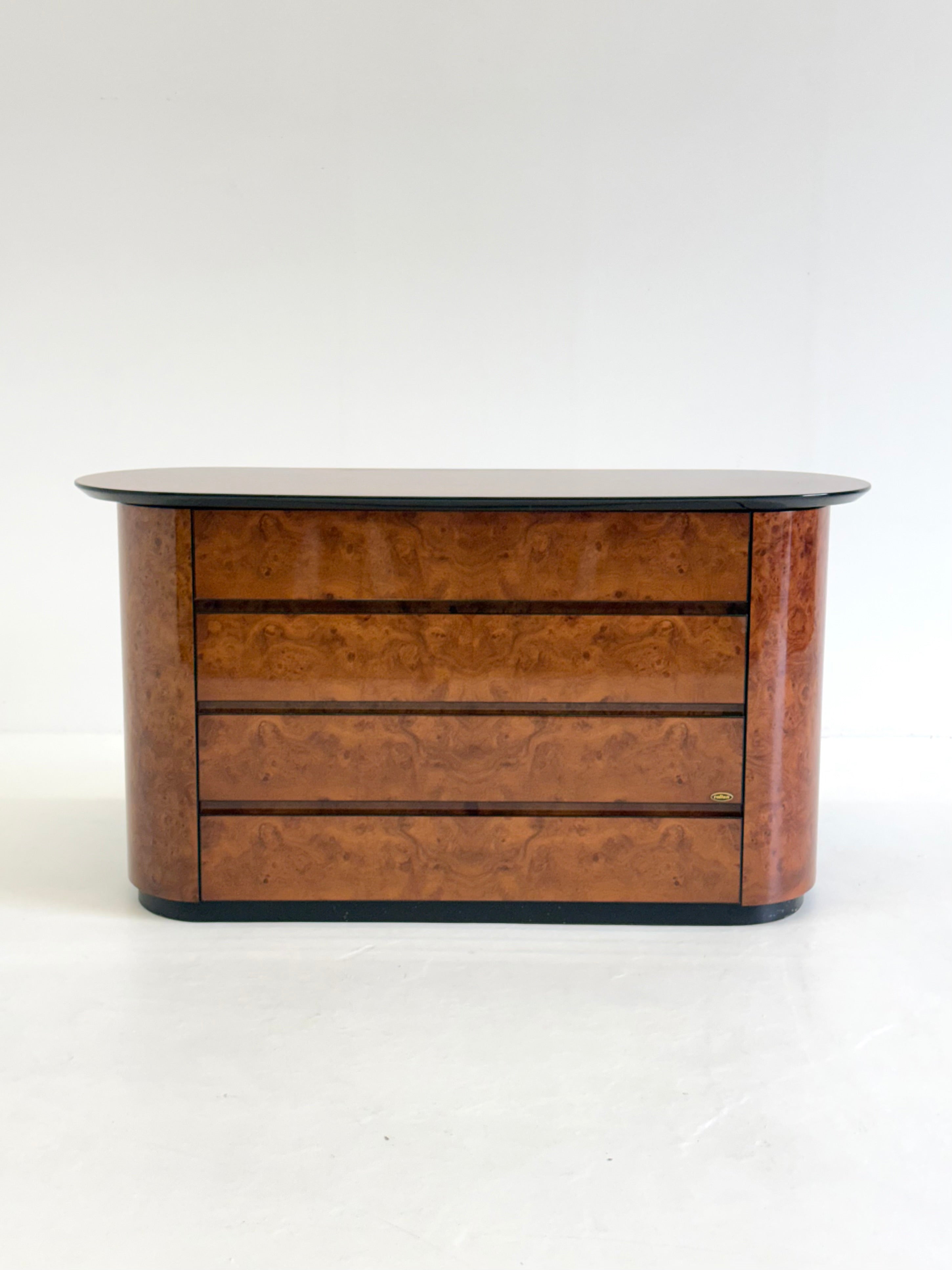 Vintage Voltan chest of drawers made of lacquered burl wood with bar — alternate view