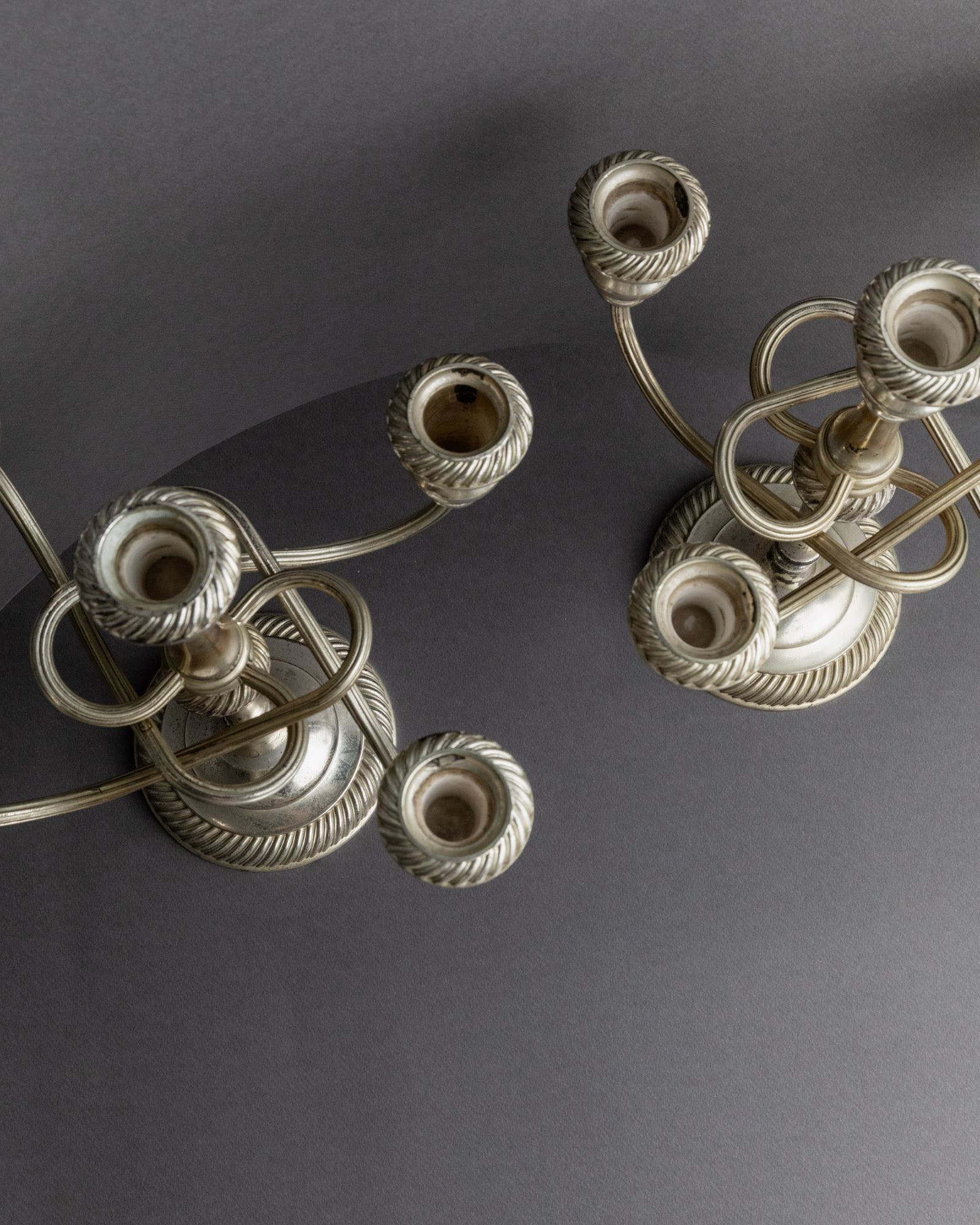 Vintage 1950s Silver Plated Candleholders, Set of 2, Large Five Arm Curved Design — top view highlighting silver finish and a