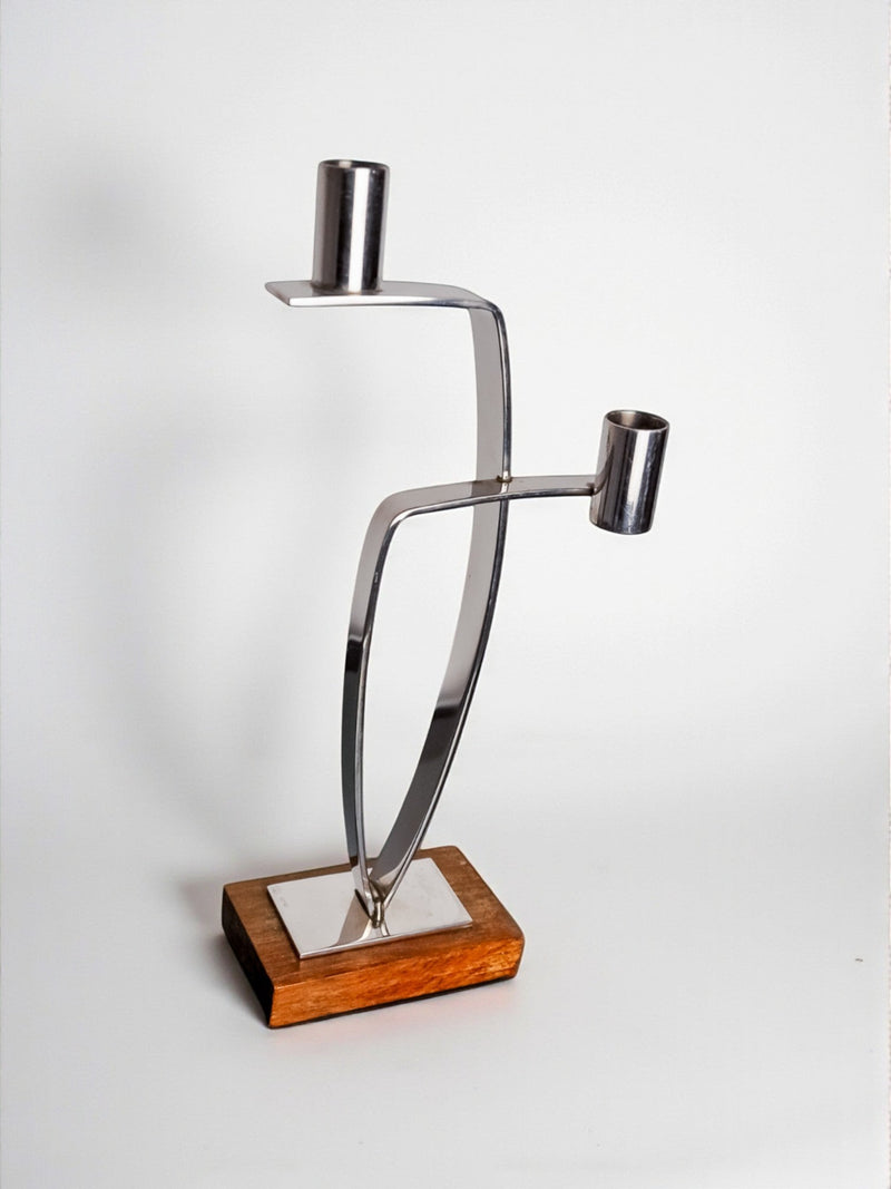 Candlestick in stainless steel and rosewood, 2 flames, Denmark, 1970's by Malamar Studio | The Oblist