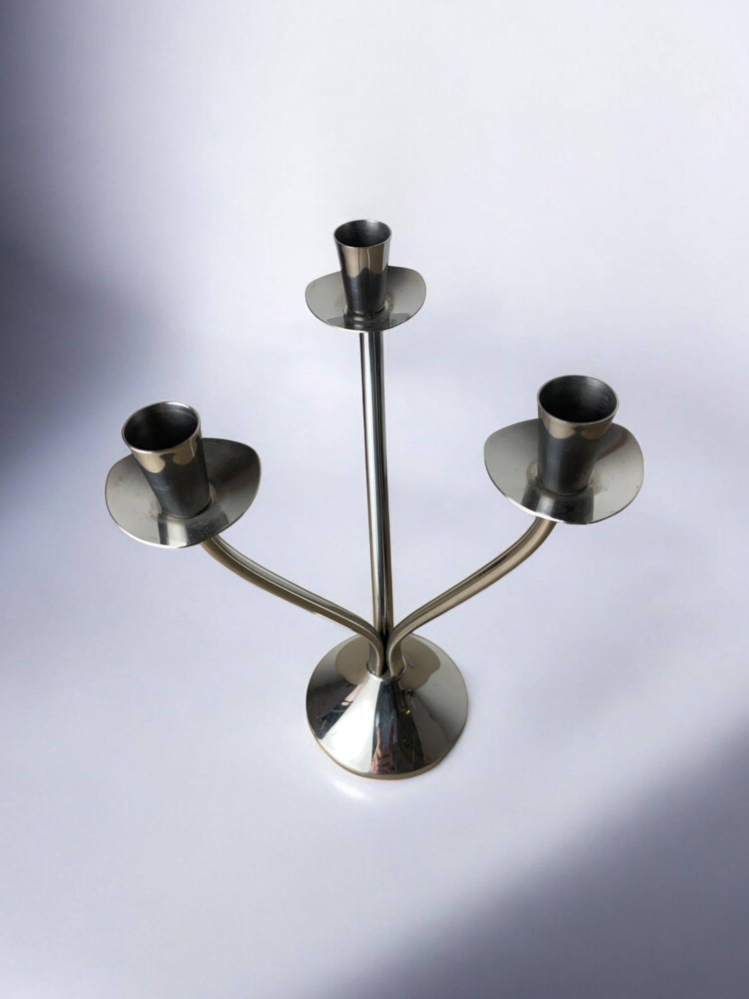 Art deco candlestick in stainless steel 3 flames, Spain, Circa 1970 — top view highlighting three candle holders