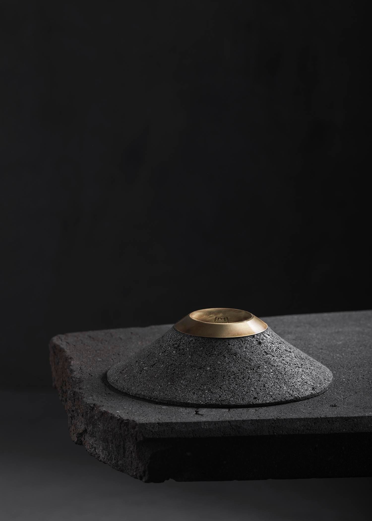 CHIMBORAZO Decorative Volcanic Stone Bowl with Aged Bronze Detail — close-up
