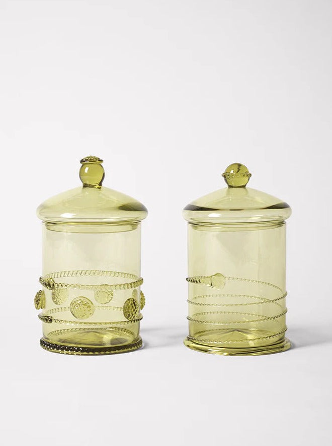 Karl Bonbonnière Dots — two green glass containers with decorative accents