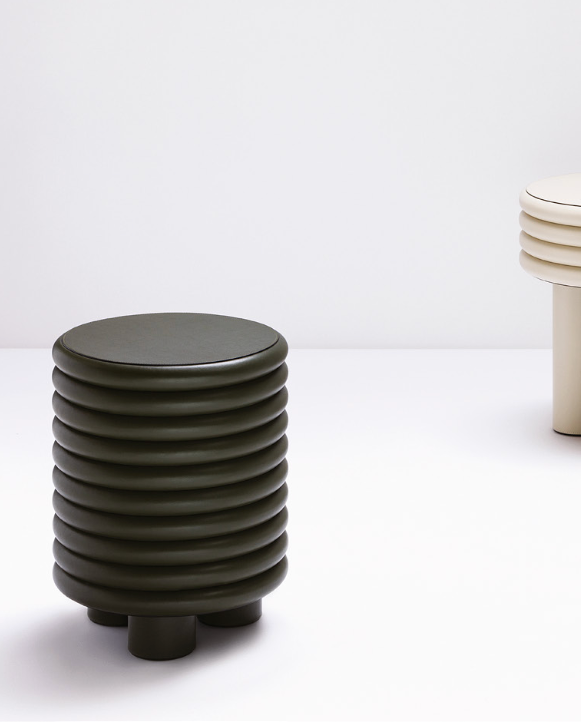 Dark olive leather Scala stool with ribbed cylindrical design