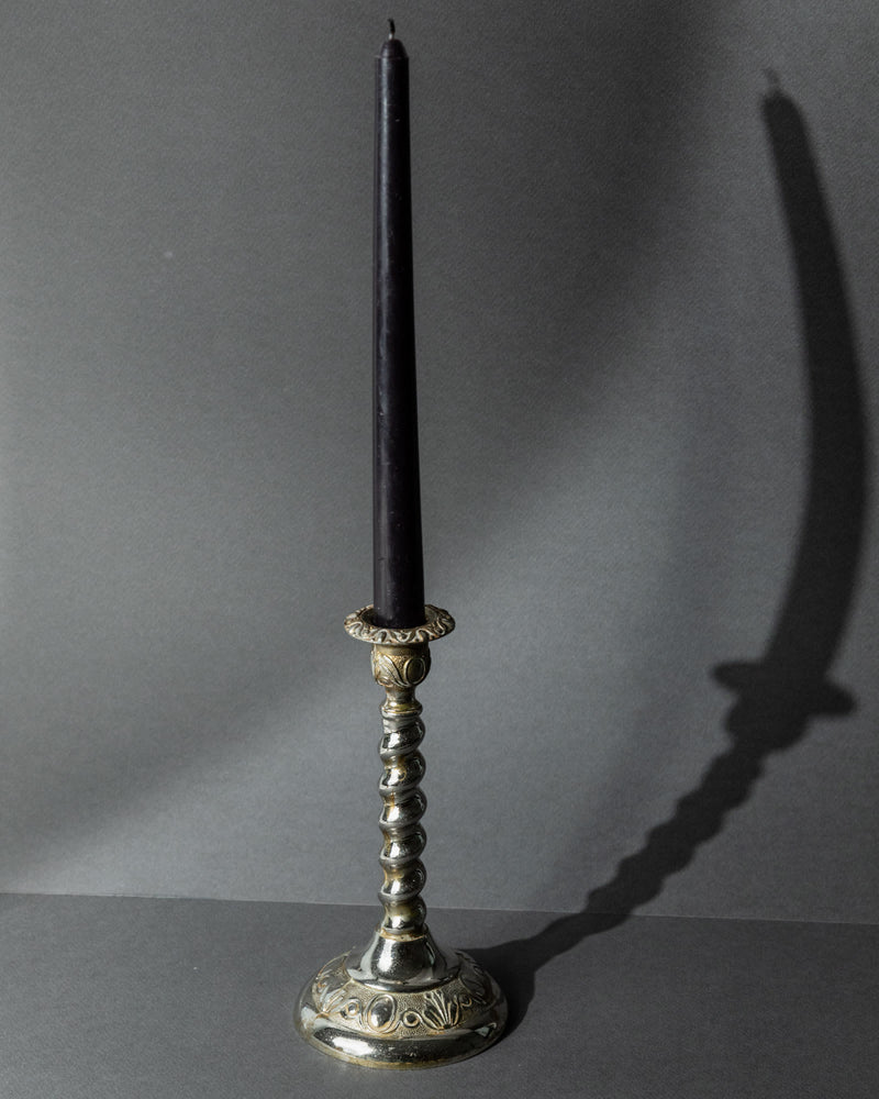 Vintage 1940s Silver Plated Candleholder, Twisted Victorian Design England, Antique Decor — close-up of twisted silver base w