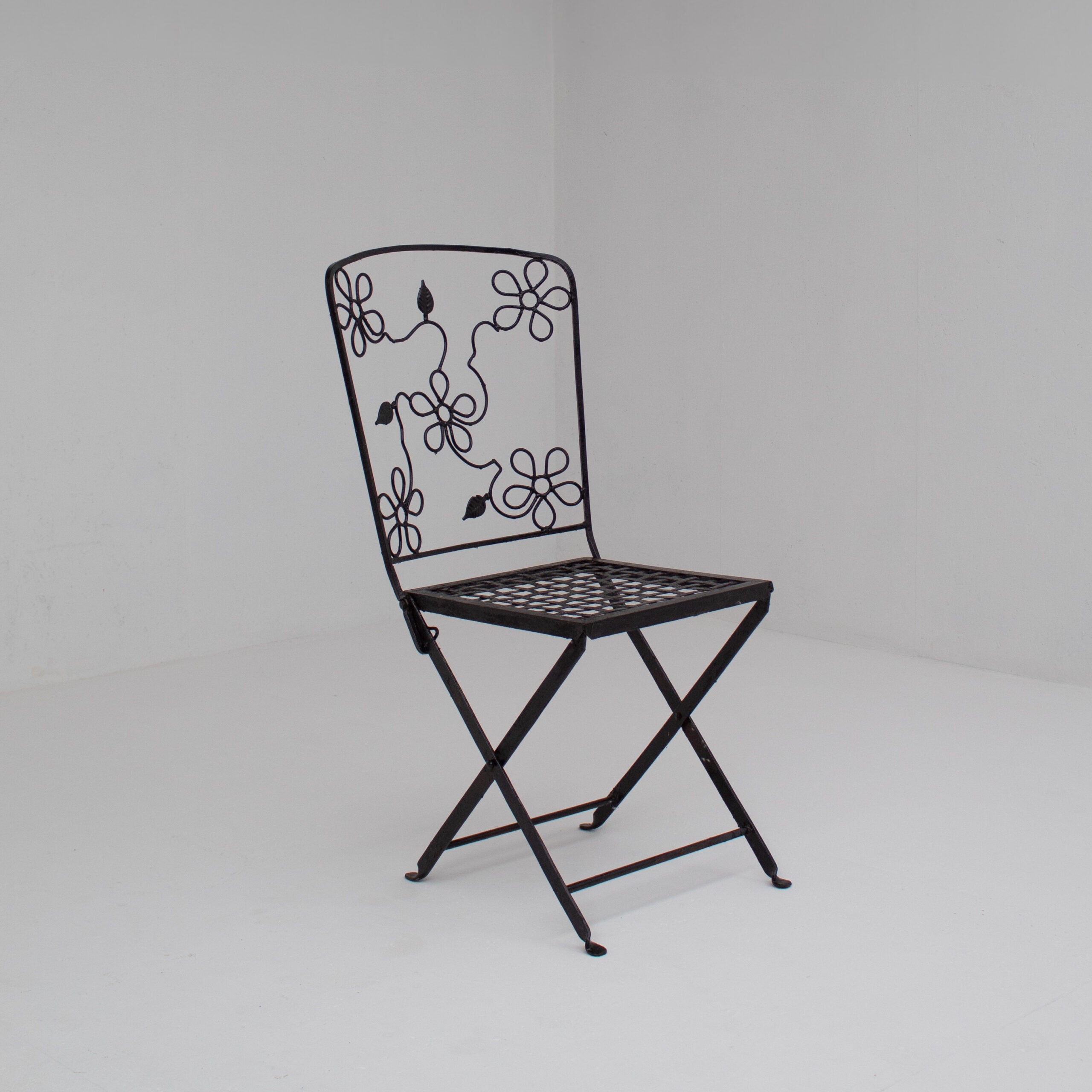 Set of Three Decorative Wrought Iron Garden Chairs with Floral Backrests — alternate view