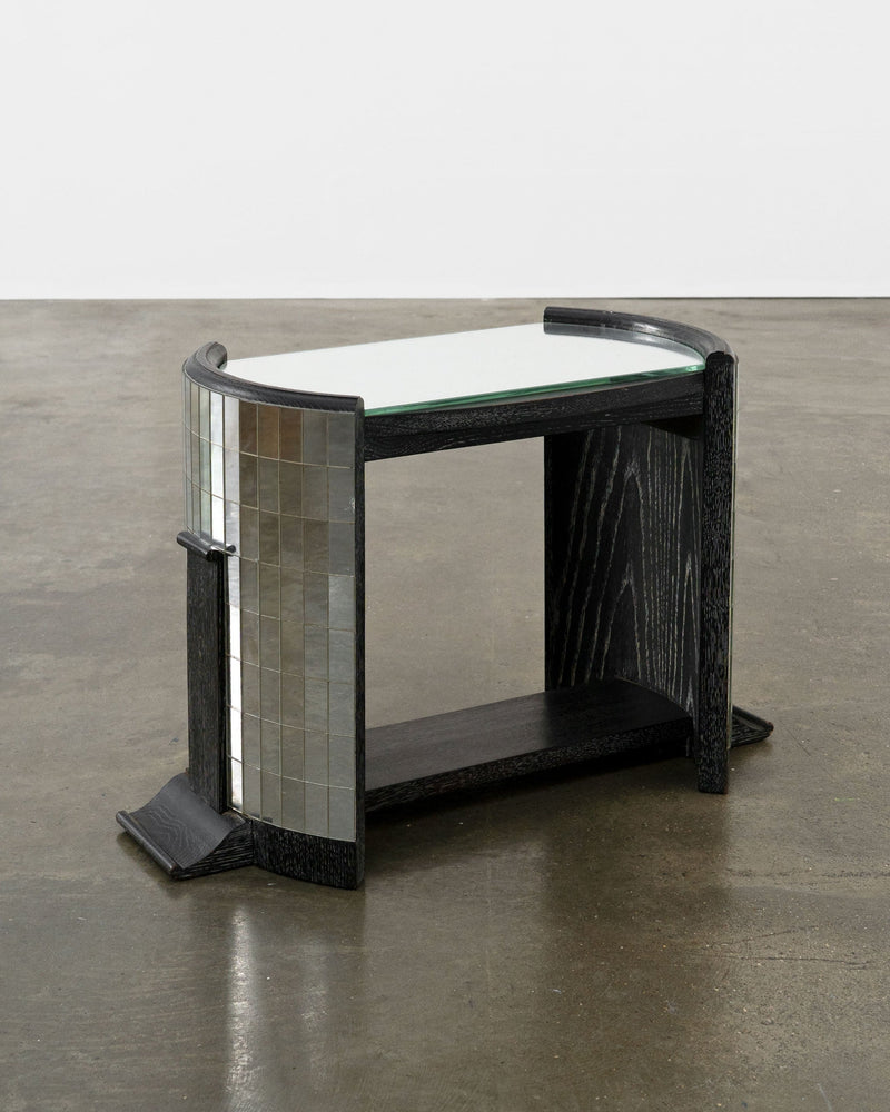 Ebonised Modernist Oak and Mirror Mosaic Side Table — close-up of mosaic detail on side