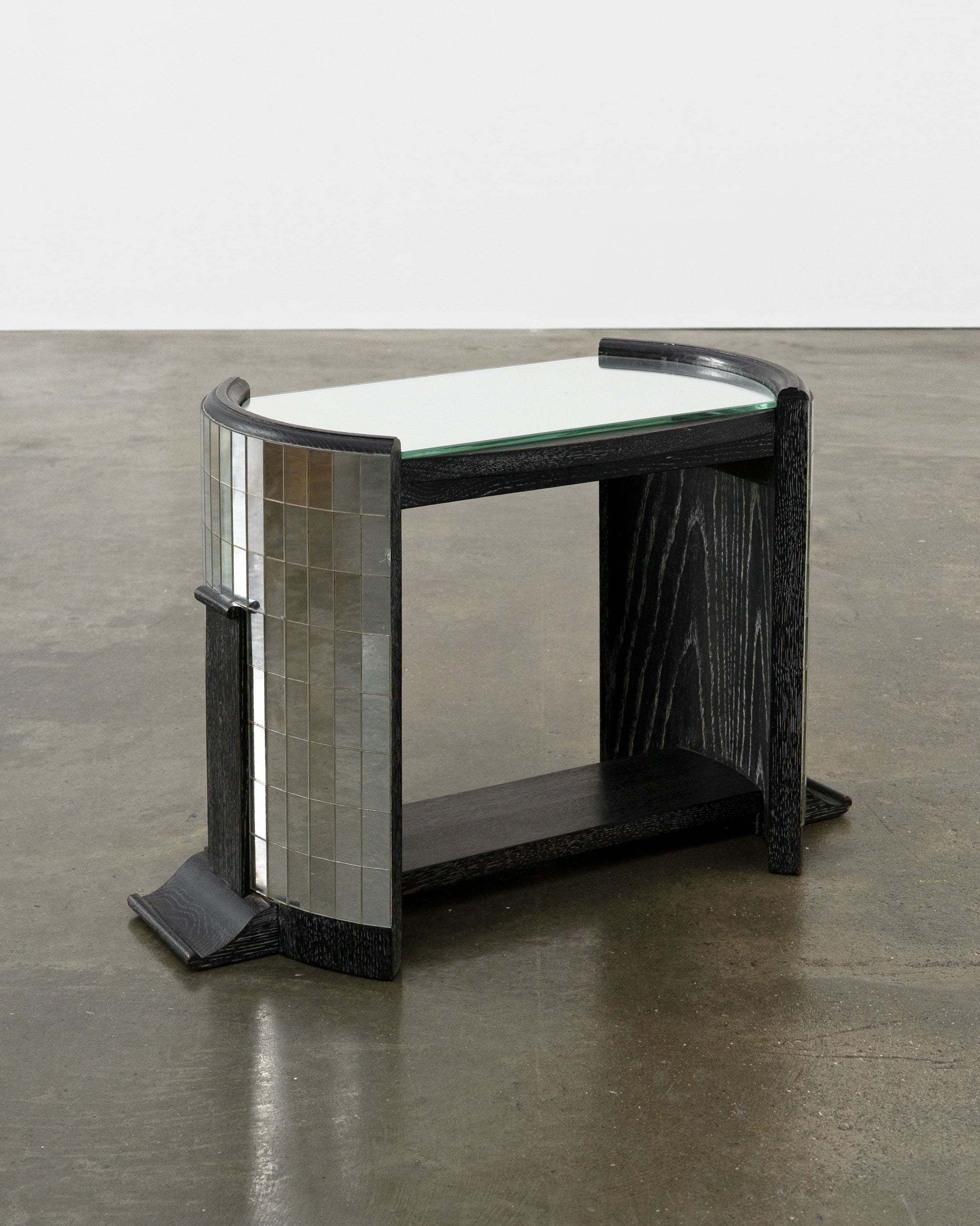 Ebonised Modernist Oak and Mirror Mosaic Side Table — close-up of mosaic detail on side