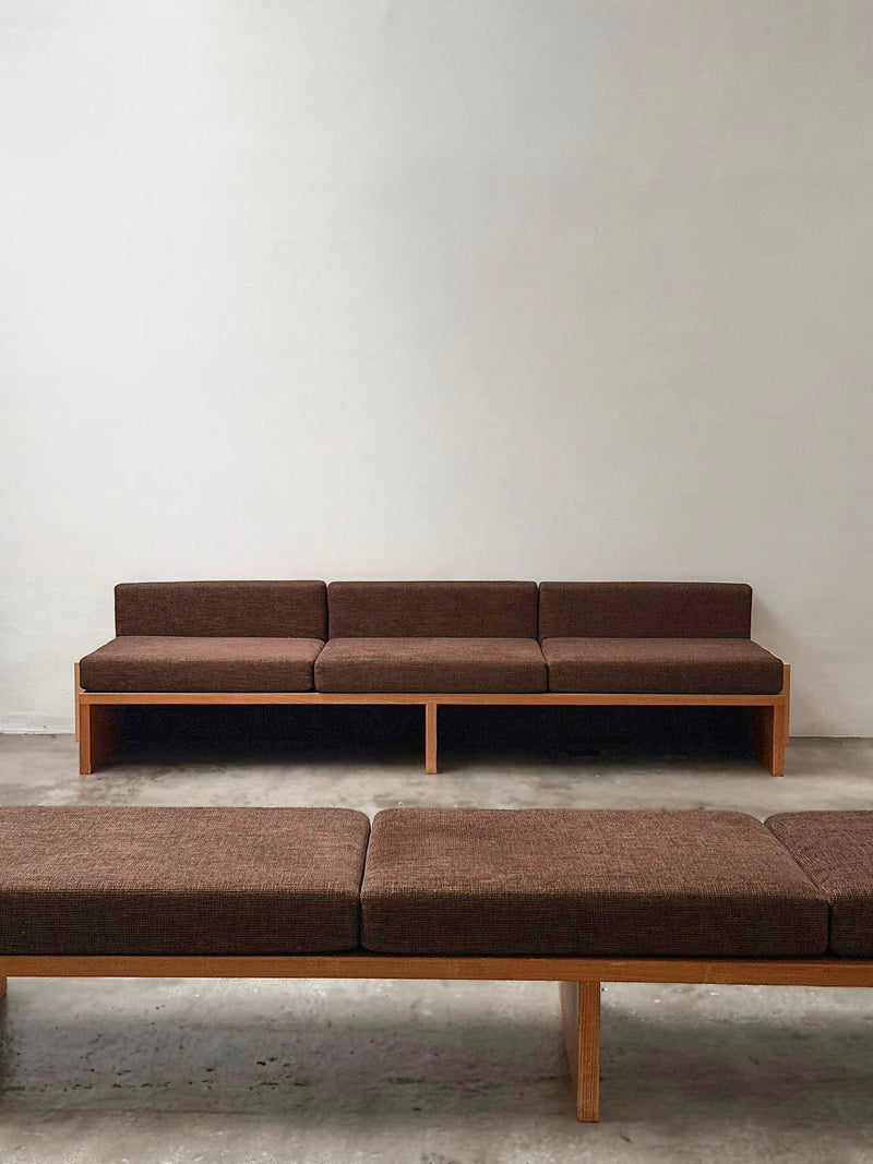 Modernist Benches and Stool, c.1970 by Tom Bogle | The Oblist — brown fabric, wooden frame