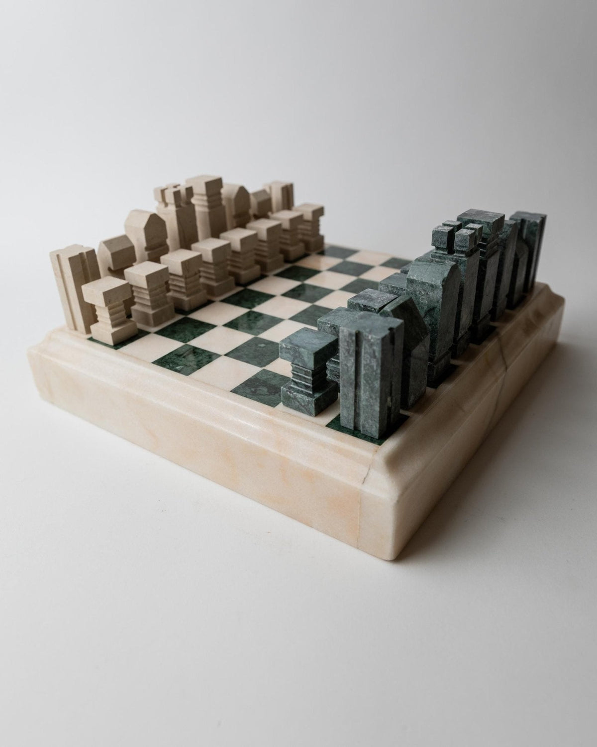 Vintage 1970s Marble Chess Set, Green and Beige Stone Chess Board, Heavy Design, Geometric Chess Pieces, Sculptural Table Game,  Gift Idea — close-up