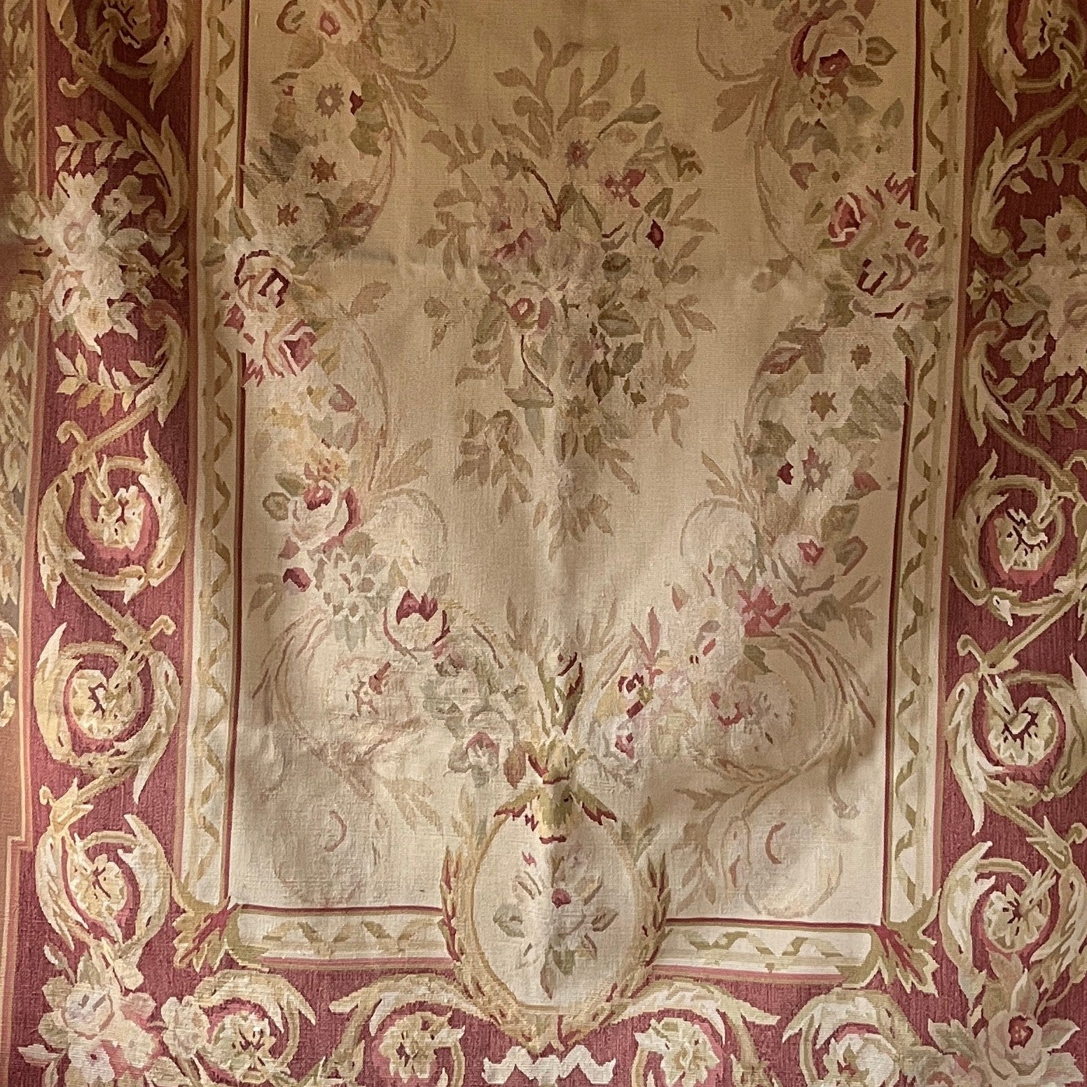 Late 19th Century Aubusson Tapestry with Floral Medallion — back view highlighting intricate floral patterns