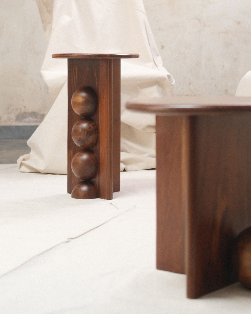 Nemo walnut side table with spherical leg details by Studio Indigene
