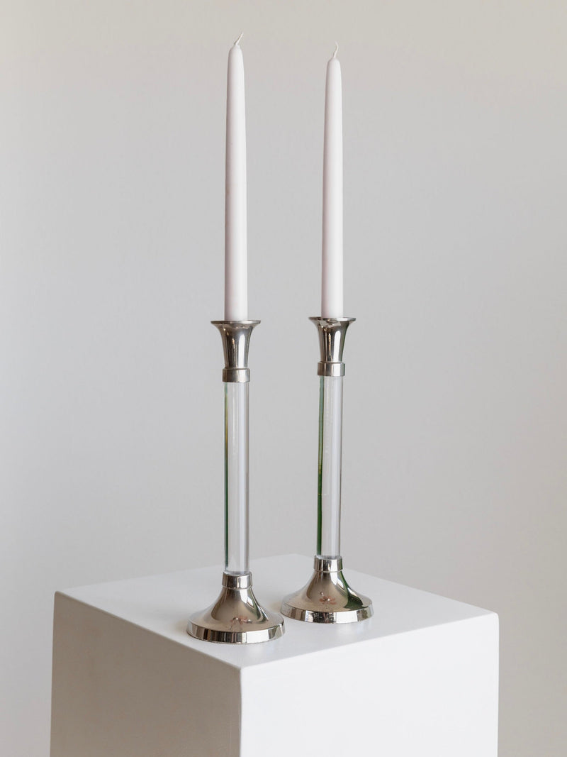 2 Vintage Candlesticks acrylic glass and chrome 1970s — close-up of chrome base and glass stem