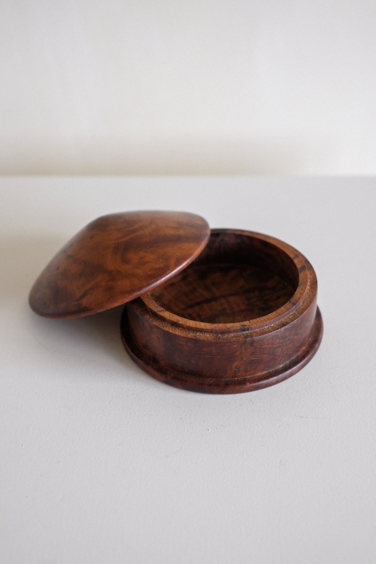 Vintage Burl Wood Trinket Box — side angle