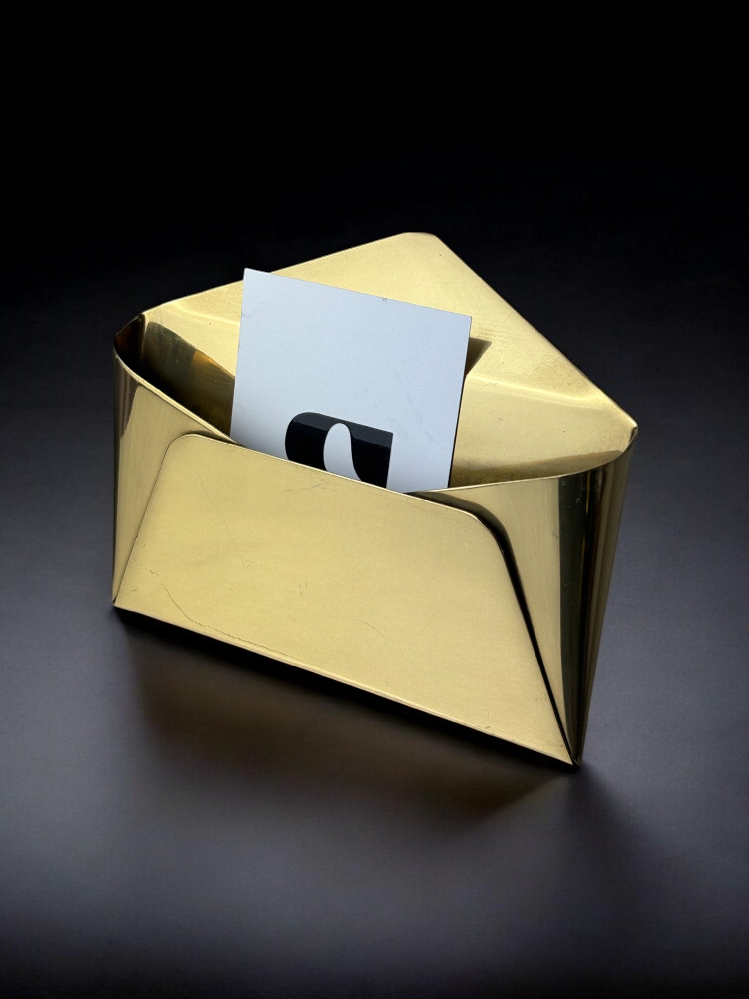 Envelope Visit Card Holder in Brass, Italy, 1980's — close-up of brass holder with card inside