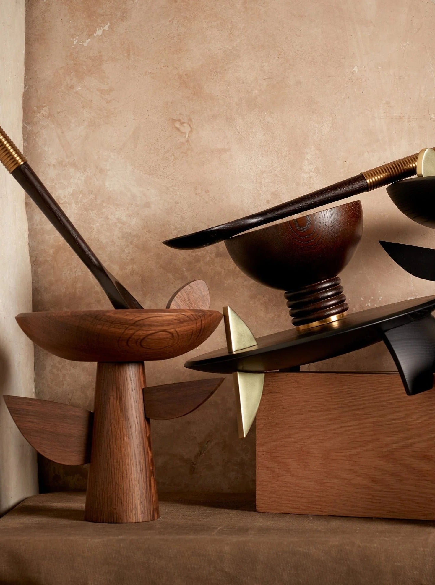 Alhambra Serving Set (2 Piece Set) — side angle showing wooden and brass materials
