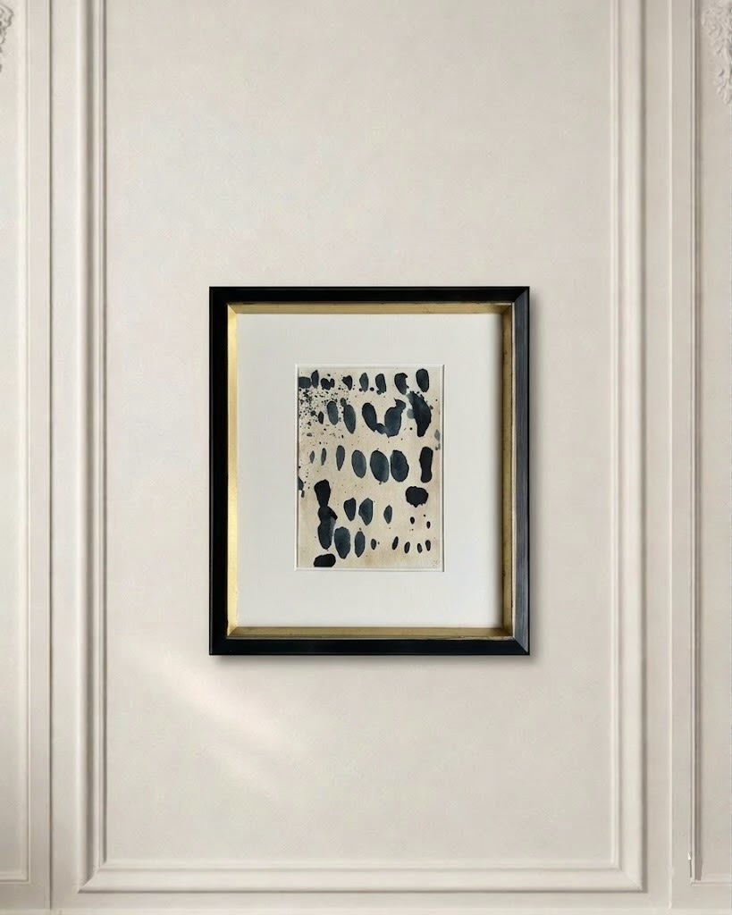 Sand and Ink Abstract on Paper in Antique Gilded Frame — close-up of artwork detail on wall