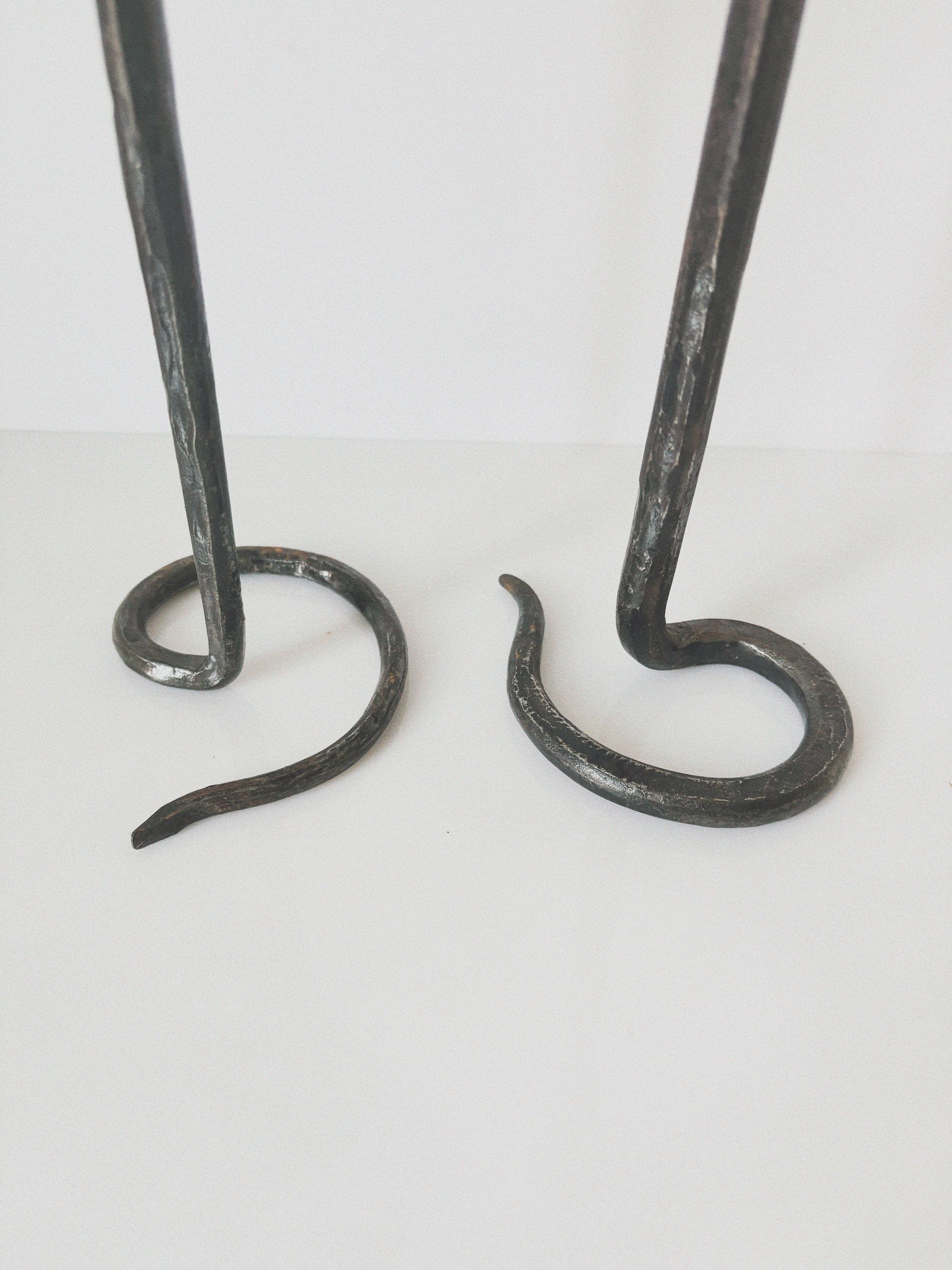 Pair of Forged Steel Artisan Candleholders, Poland — close-up