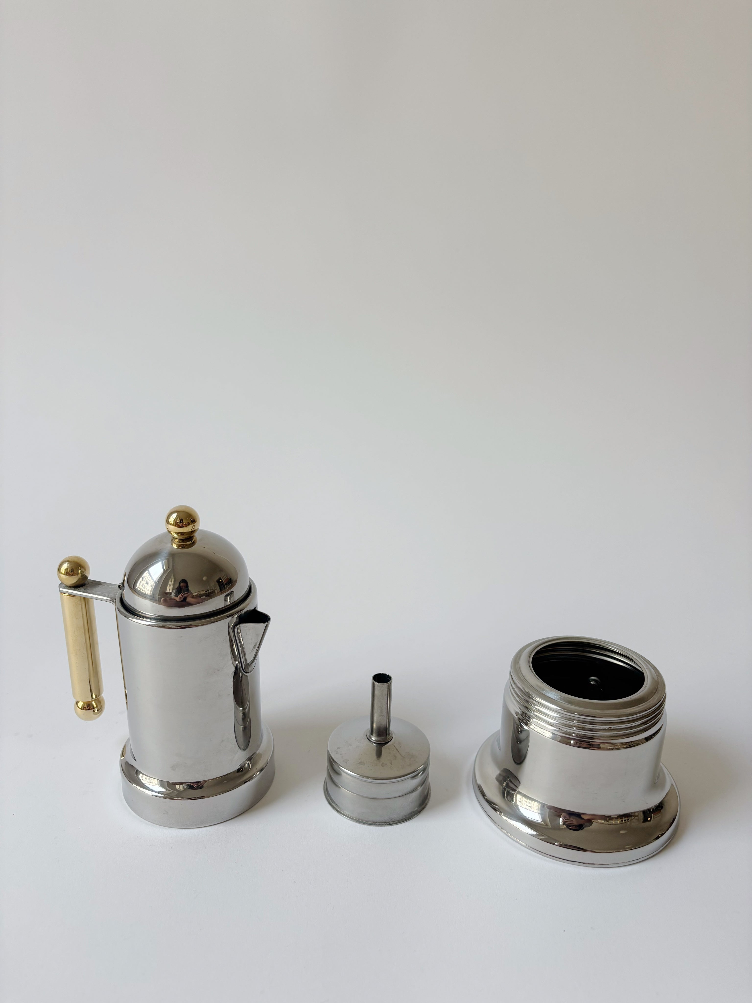 Kontessa Moka Pot, c. 1980's Italy — disassembled view on white background