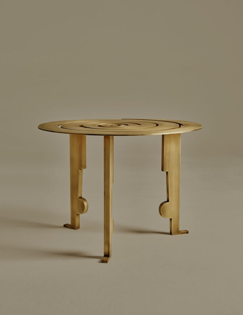 Colette Table — close-up of round brass top with intricate design