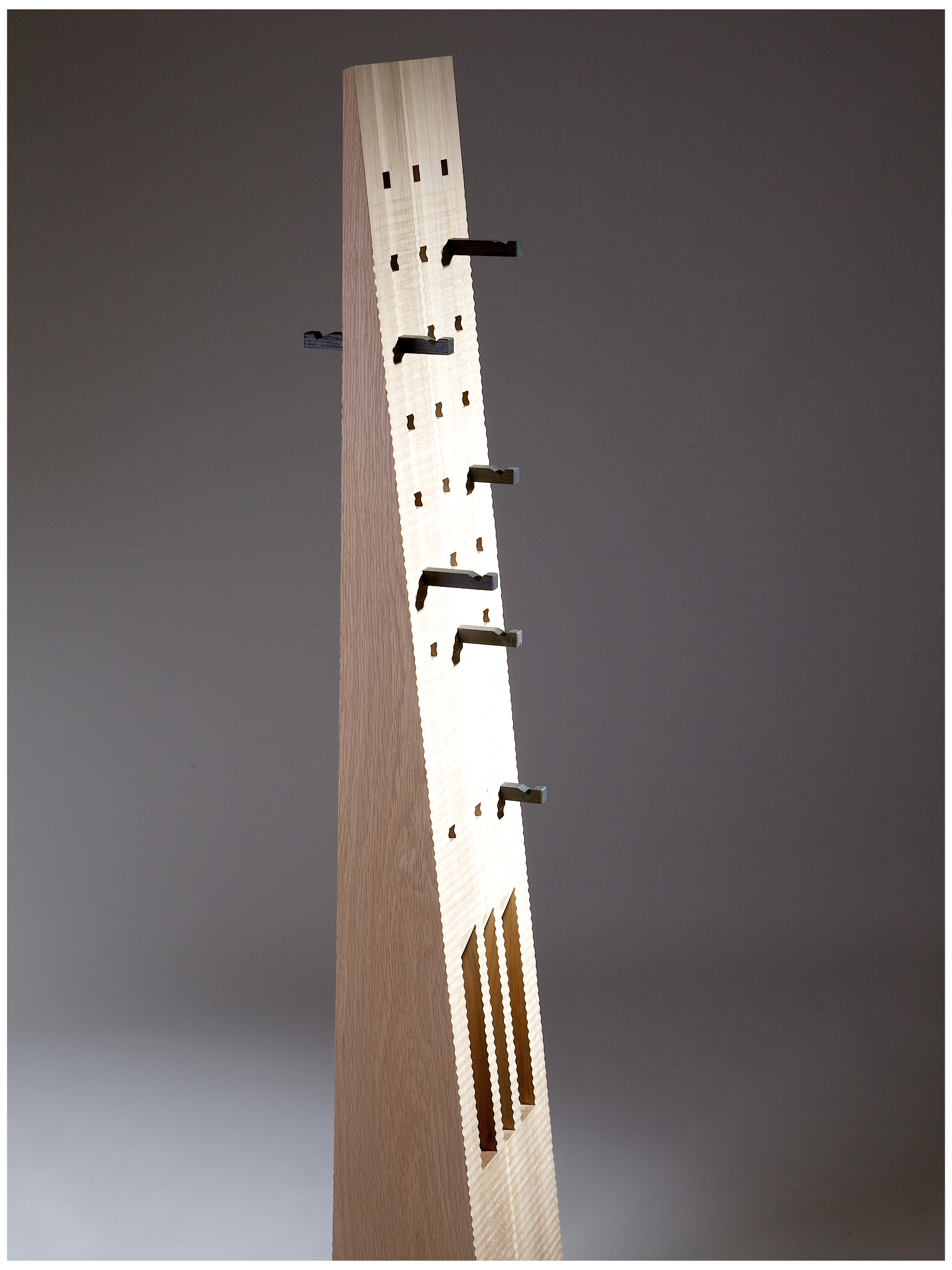 Totem Coat Stand - Oak and 5500 years old Bog Oak — side view showing wooden structure and hooks