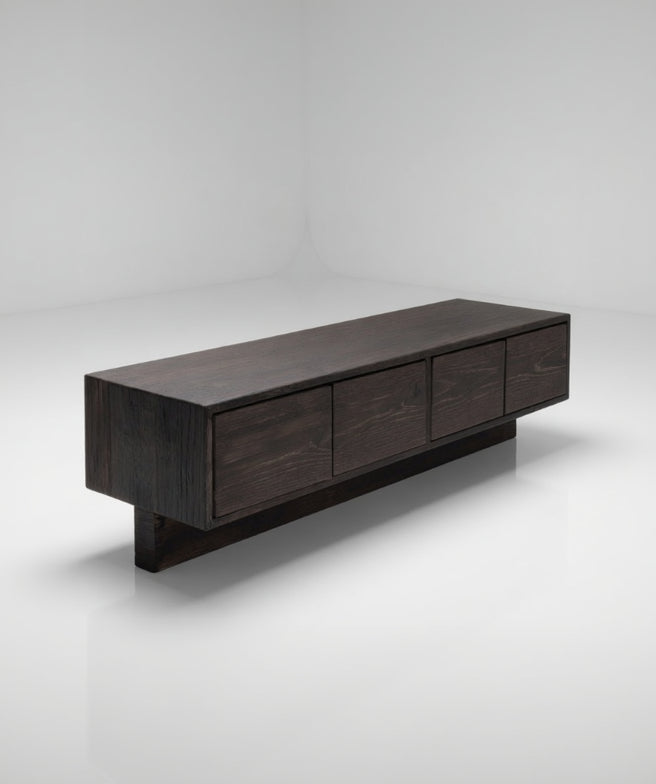 Obsidian Console, Burned Solid Oak, Shou Sugi Ban Technique. — detail view