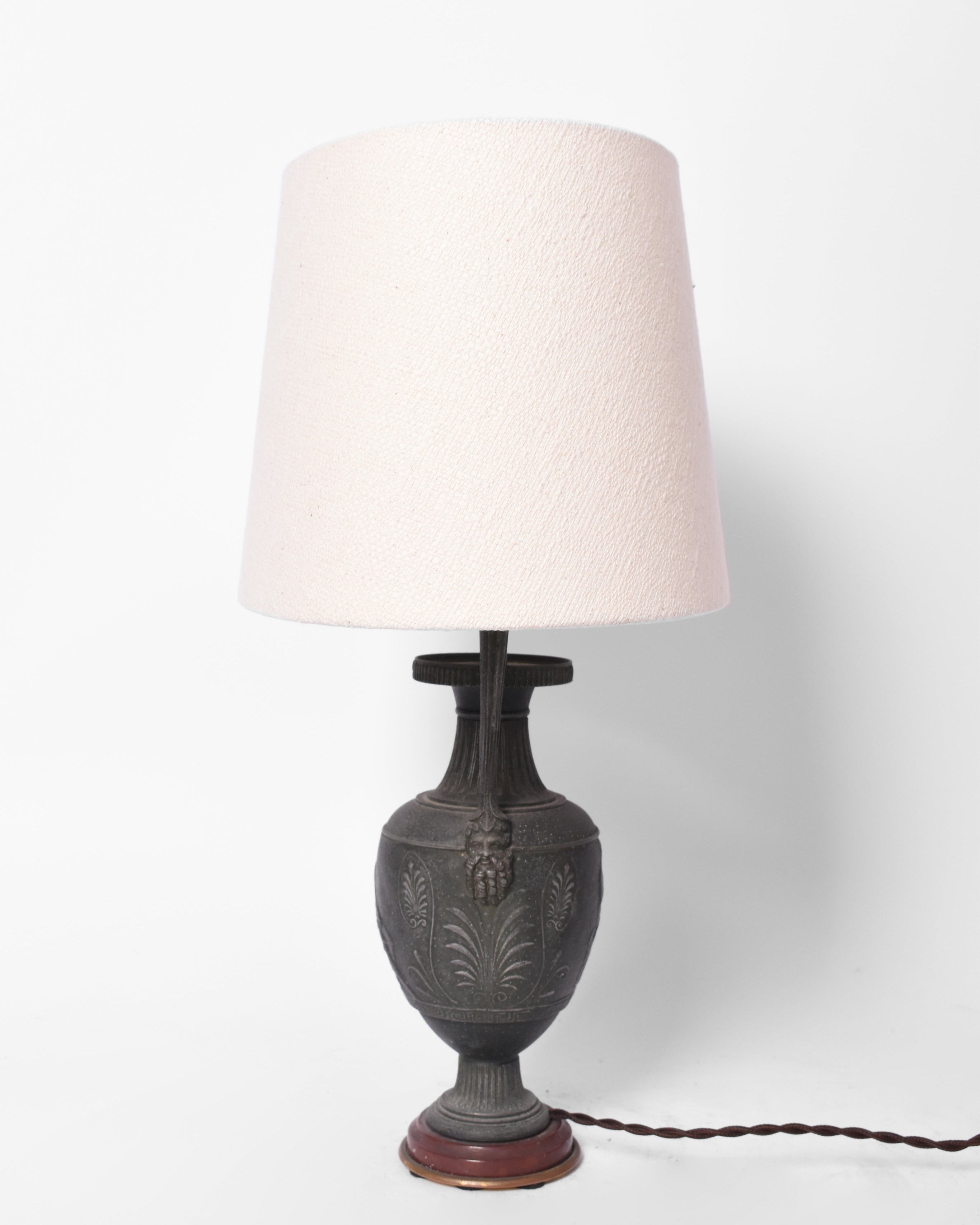 Neoclassical blackened iron lamp, 1920s. — side angle with fabric shade