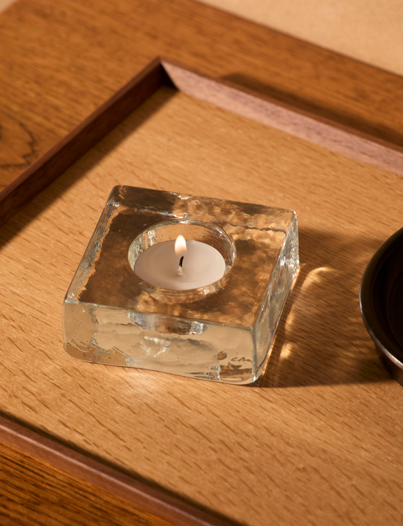 Clear glass candle holder in European glass  — lifestyle setting