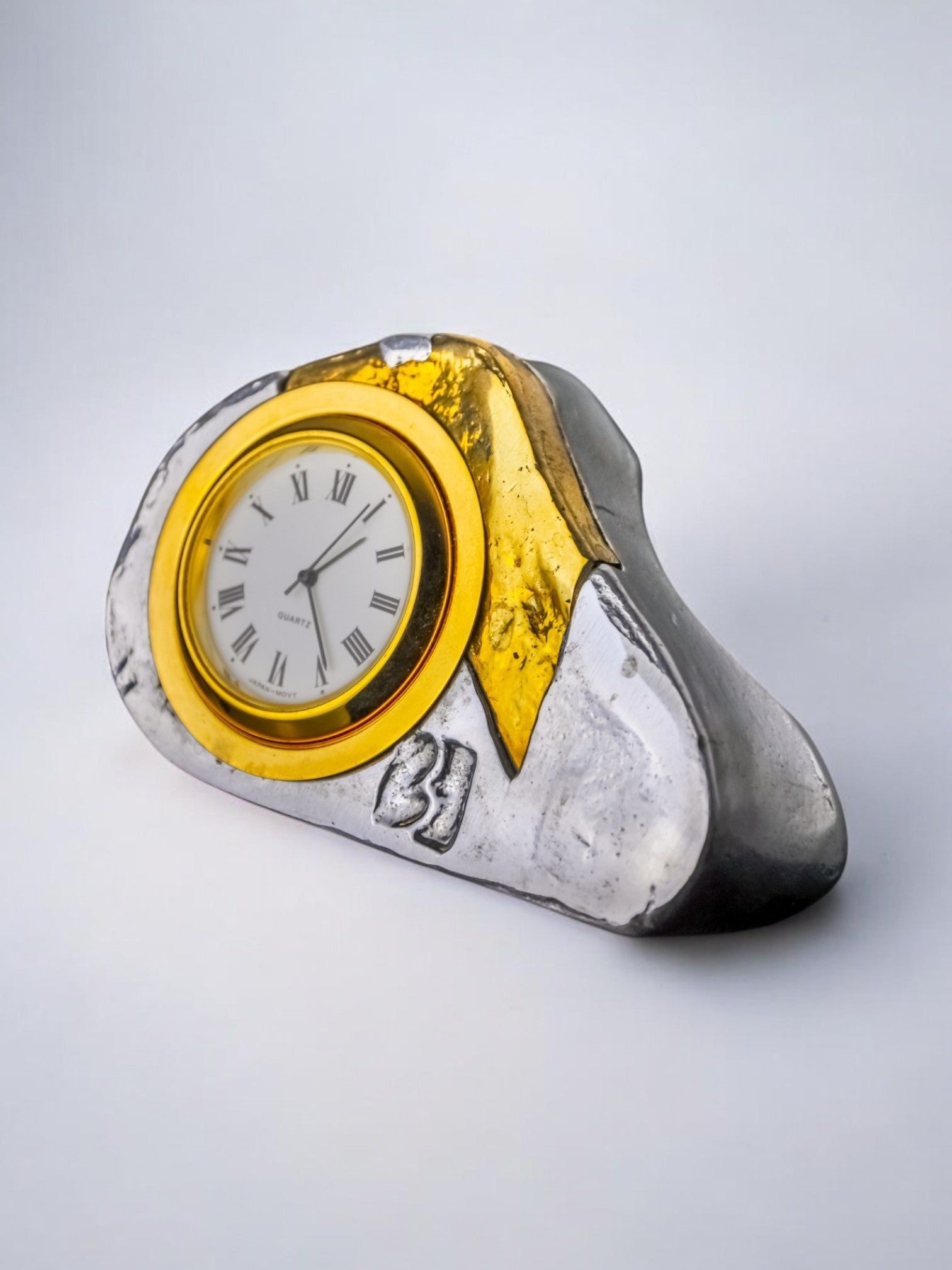 Brutalist Clock by Art3, Spain, 1980s — side angle showing metallic surface and gold accents