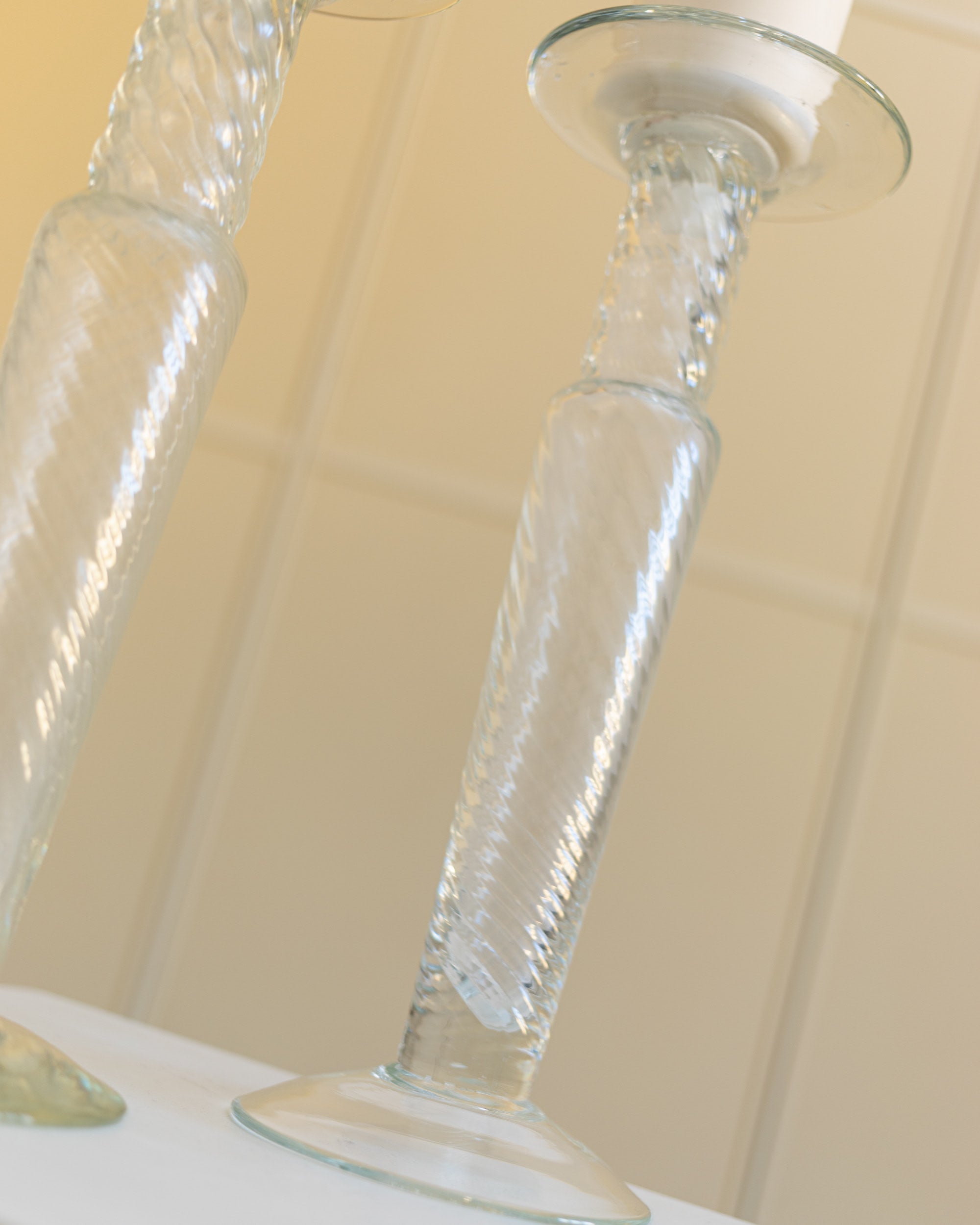 Set of 2 Franco Moretti Candleholders Glass 1960s — angled view highlighting twisted glass design