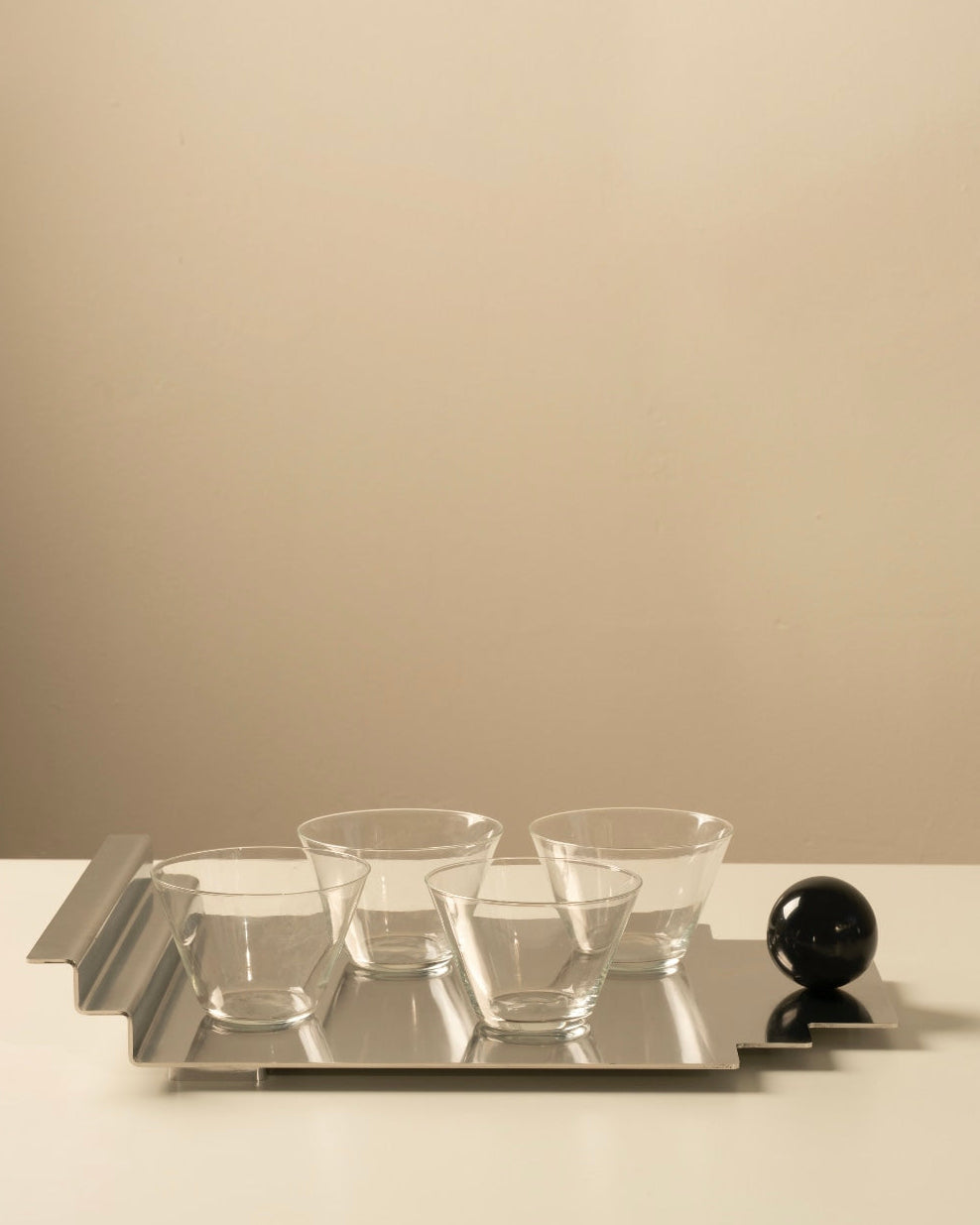 The Meridian Tray — side angle with glass bowls and black sphere