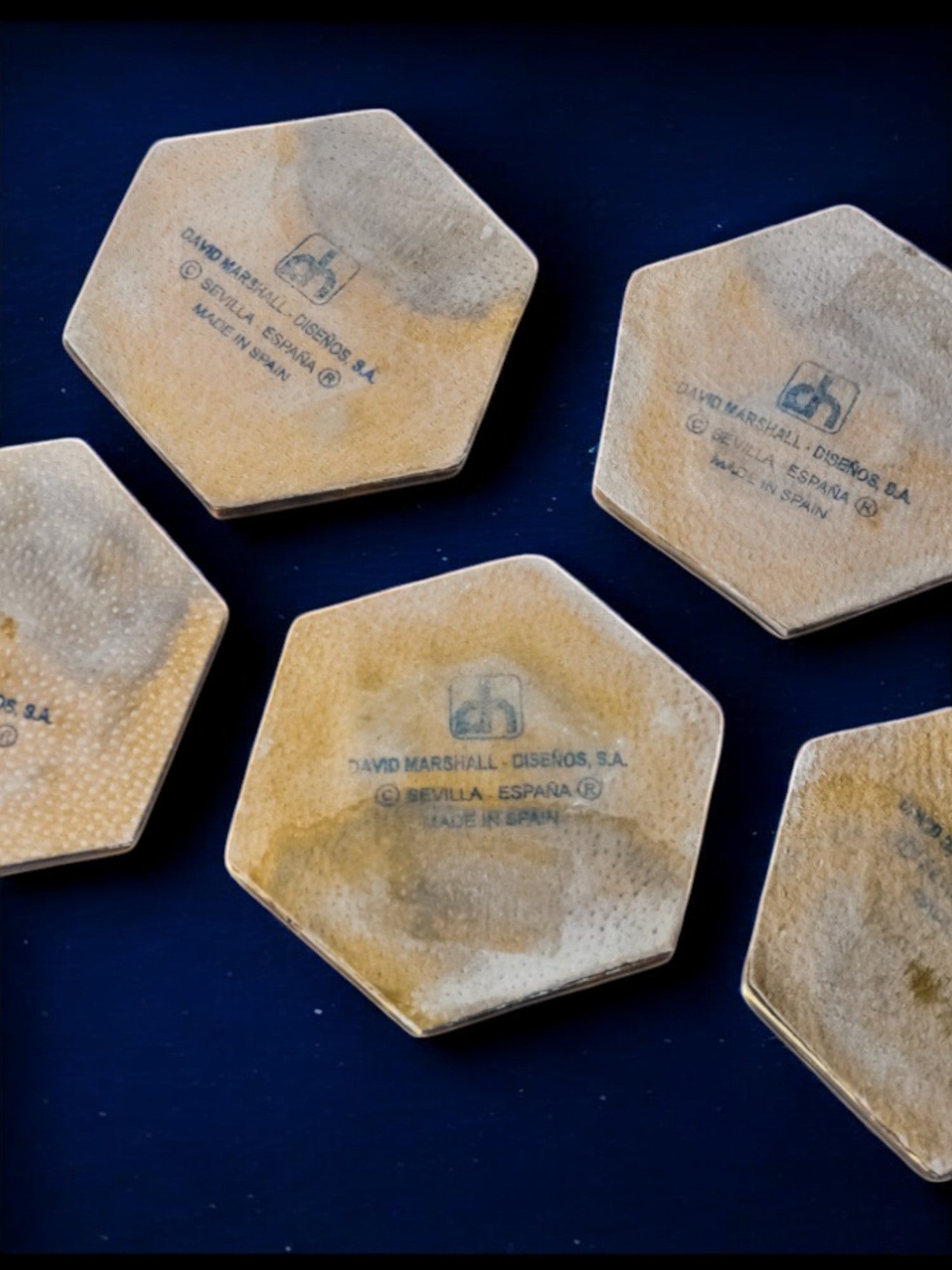 Set of 6 Brutalist Coasters by David Marshall, Spain, 1970s — top view of hexagonal coasters with textured surface