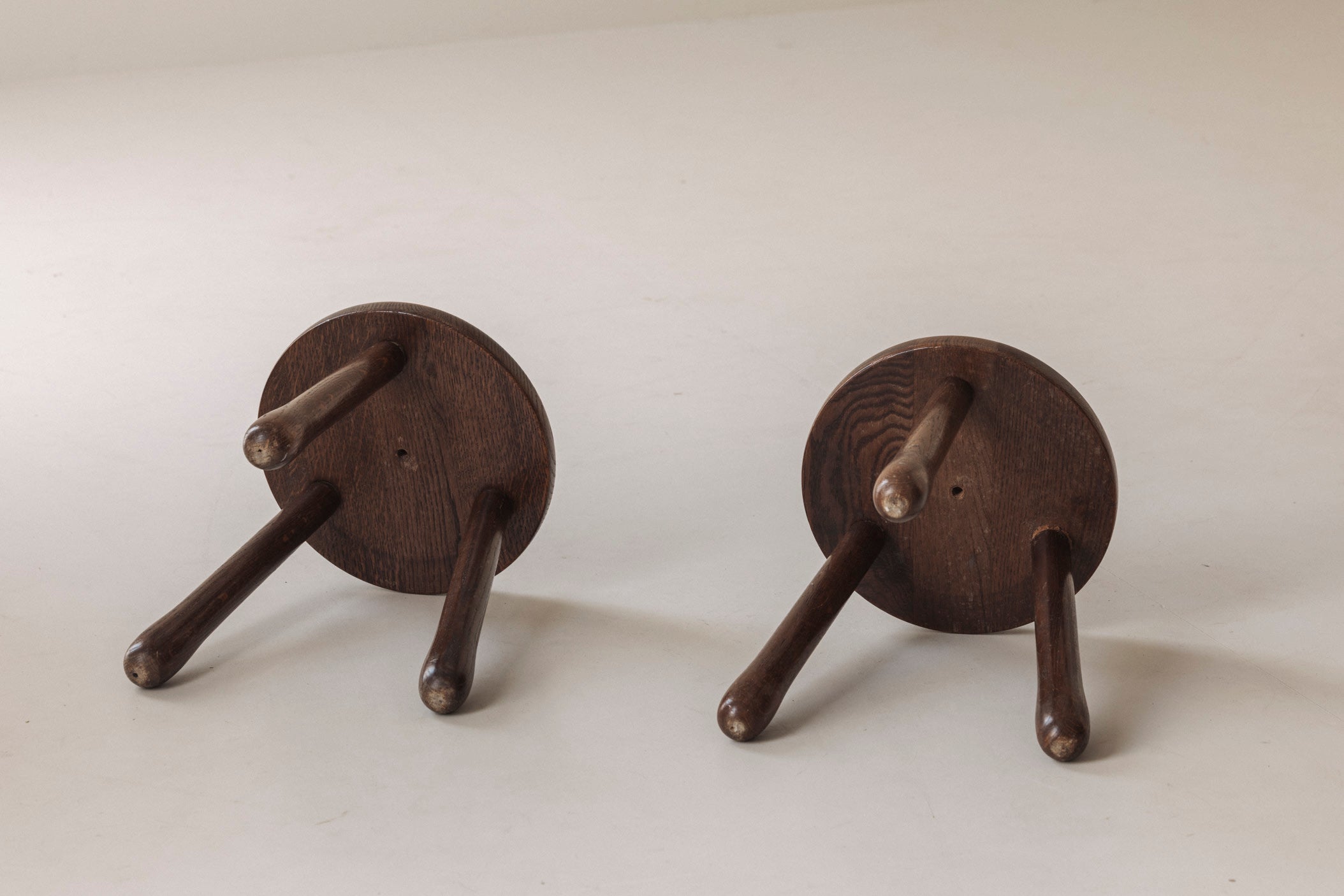 Set of Two Tripod Solid Elm Stools, France 1960s — alternate view