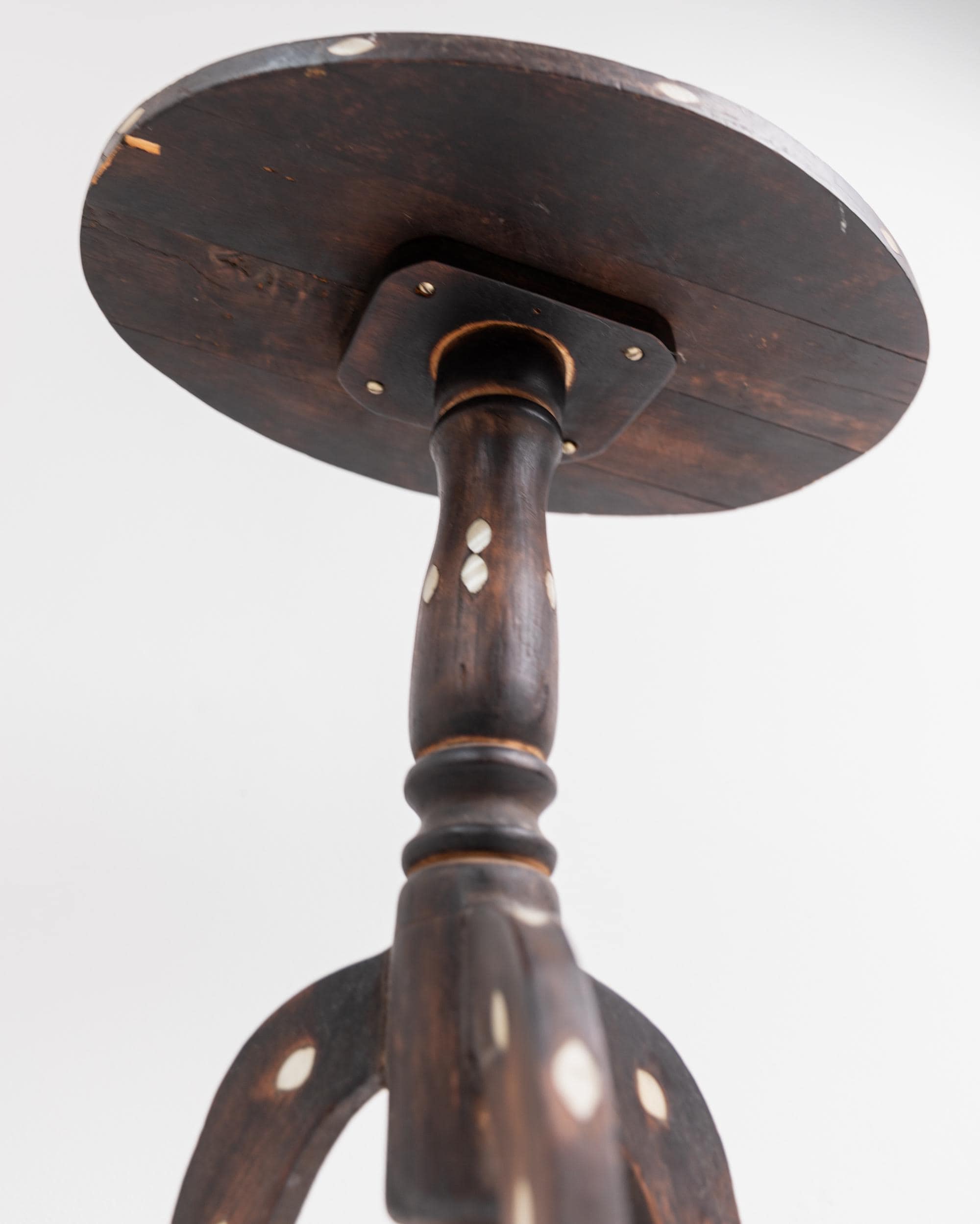 Vintage Early 19th Century Side Table, Dark Wood with Mother of Pearl Inlay, Three Legged Oval Form, Ethno Style Furniture, Gift Idea — view 11