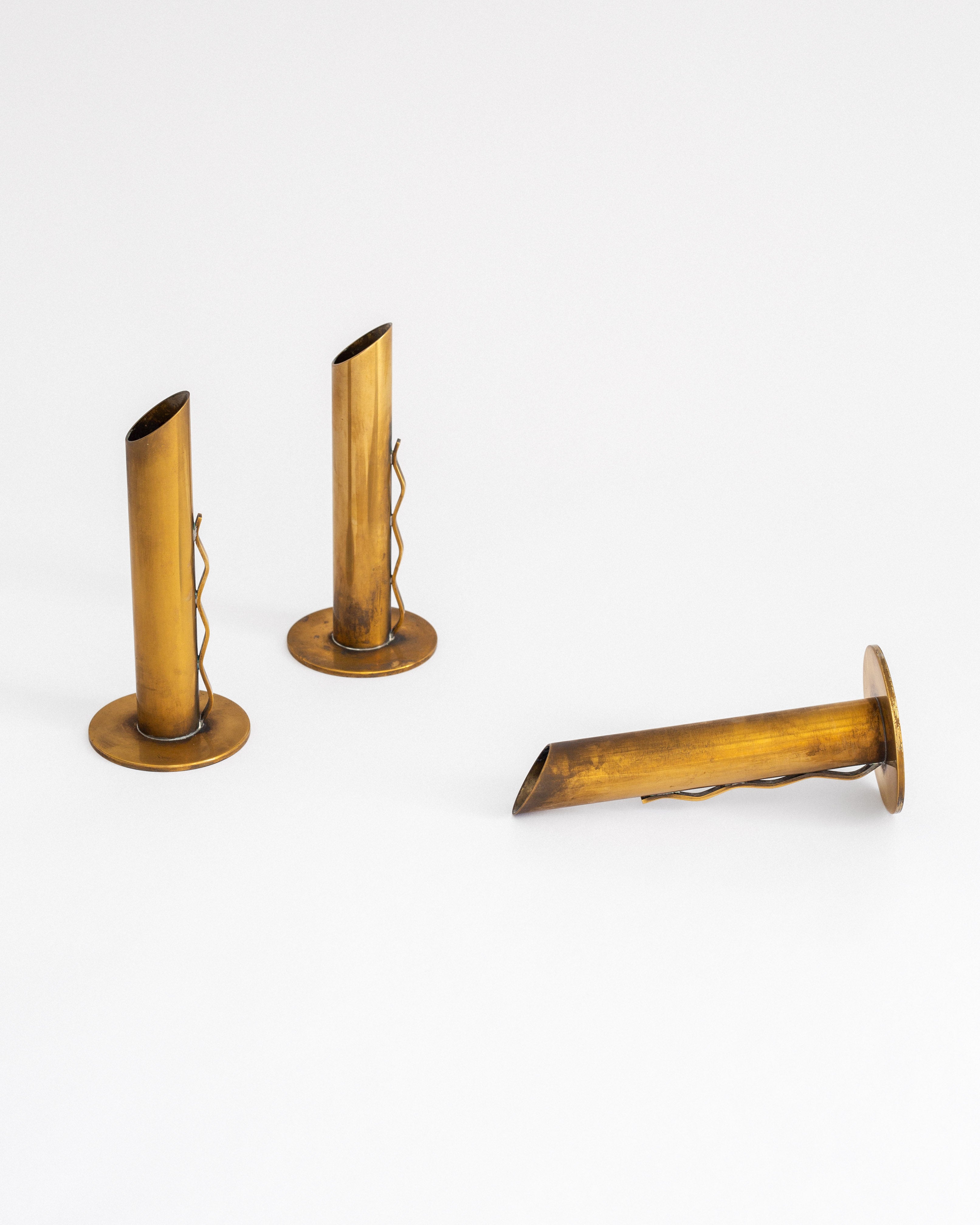 Trio of Mid-Century Patinated Brass Vases, Sweden — lifestyle setting