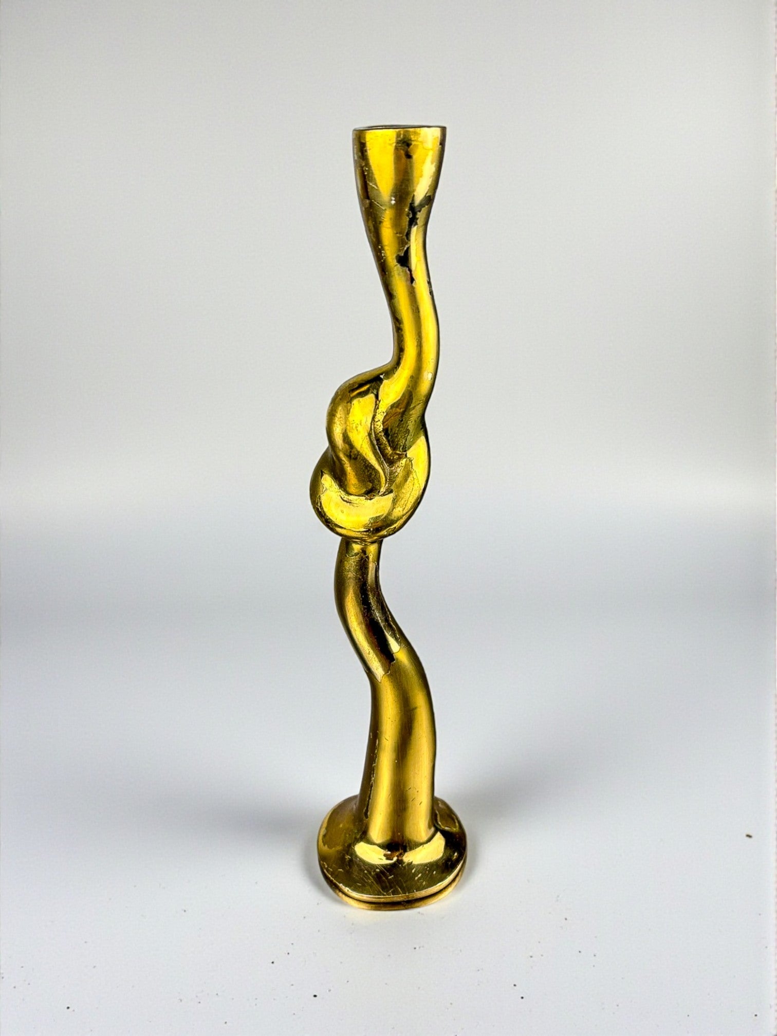 Italian Brutalist Knot candlestick in bronze, 1970's — side angle