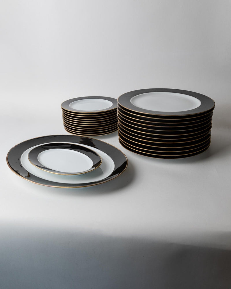 Vintage 1980s Porcelain Dinnerware Set for 12, Black White with Gold Rim by Eschenbach Bavaria Germany, Classic Elegant Tableware, Gift Idea — detail view