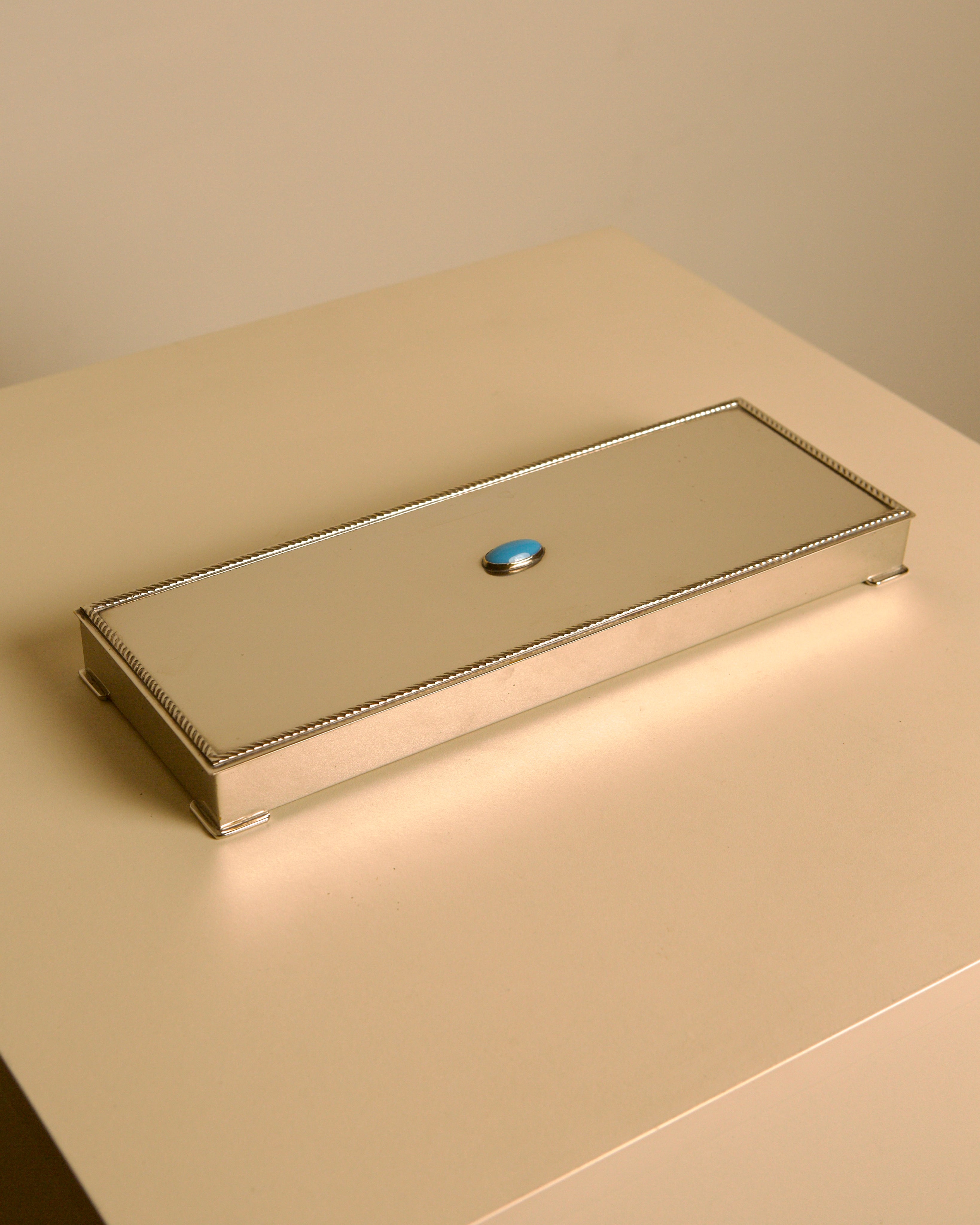Italian Art Deco Silver-Plated Box with Turquoise Cabochon & Wood Interior, 1940s — detail view