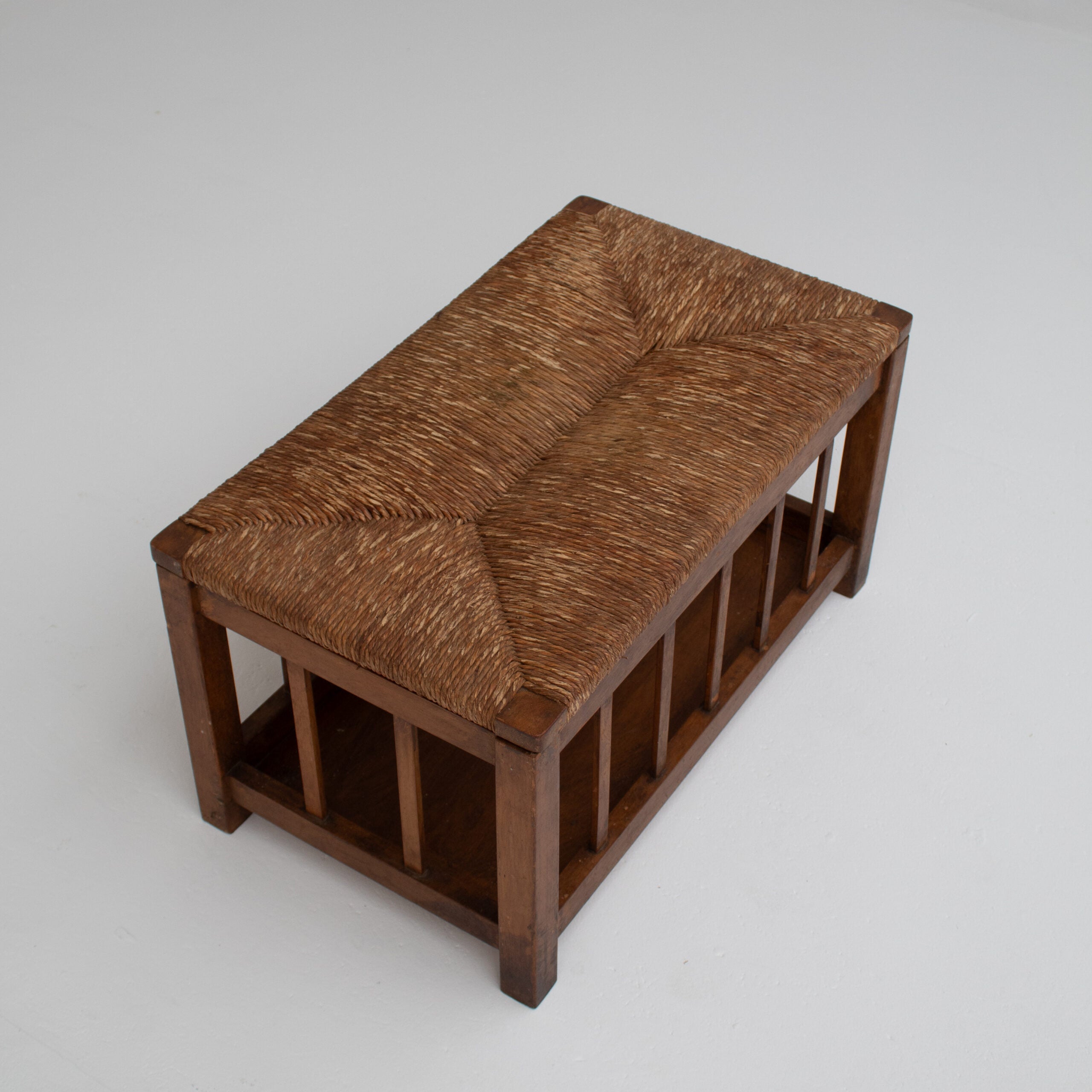 French Oak Storage Bench with Woven Rush Seat — close-up