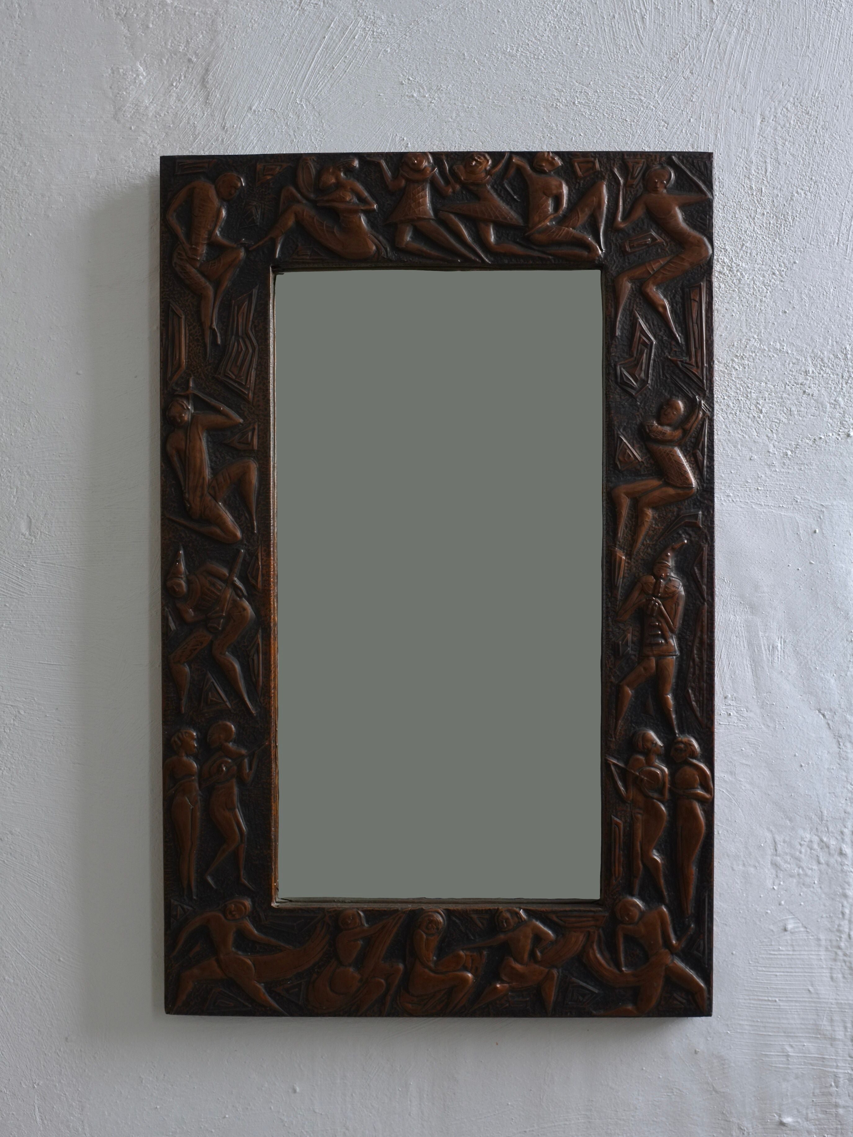 Copper Relief Wall Mirror, Bragalini Angelo Style, Italy, 1970s — side angle