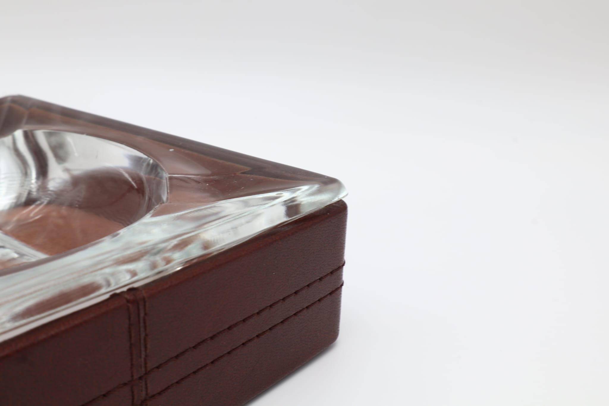 Mid-Century Glass and Leather Ashtray – Italy, 1970s — side angle